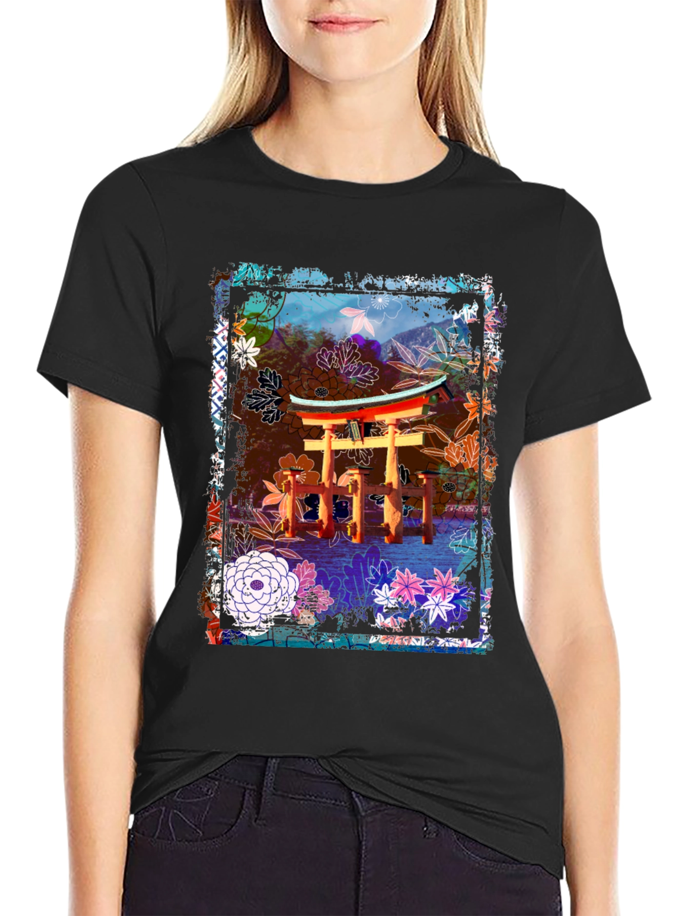 Japanese Torii Gate Floral Graphic Tee