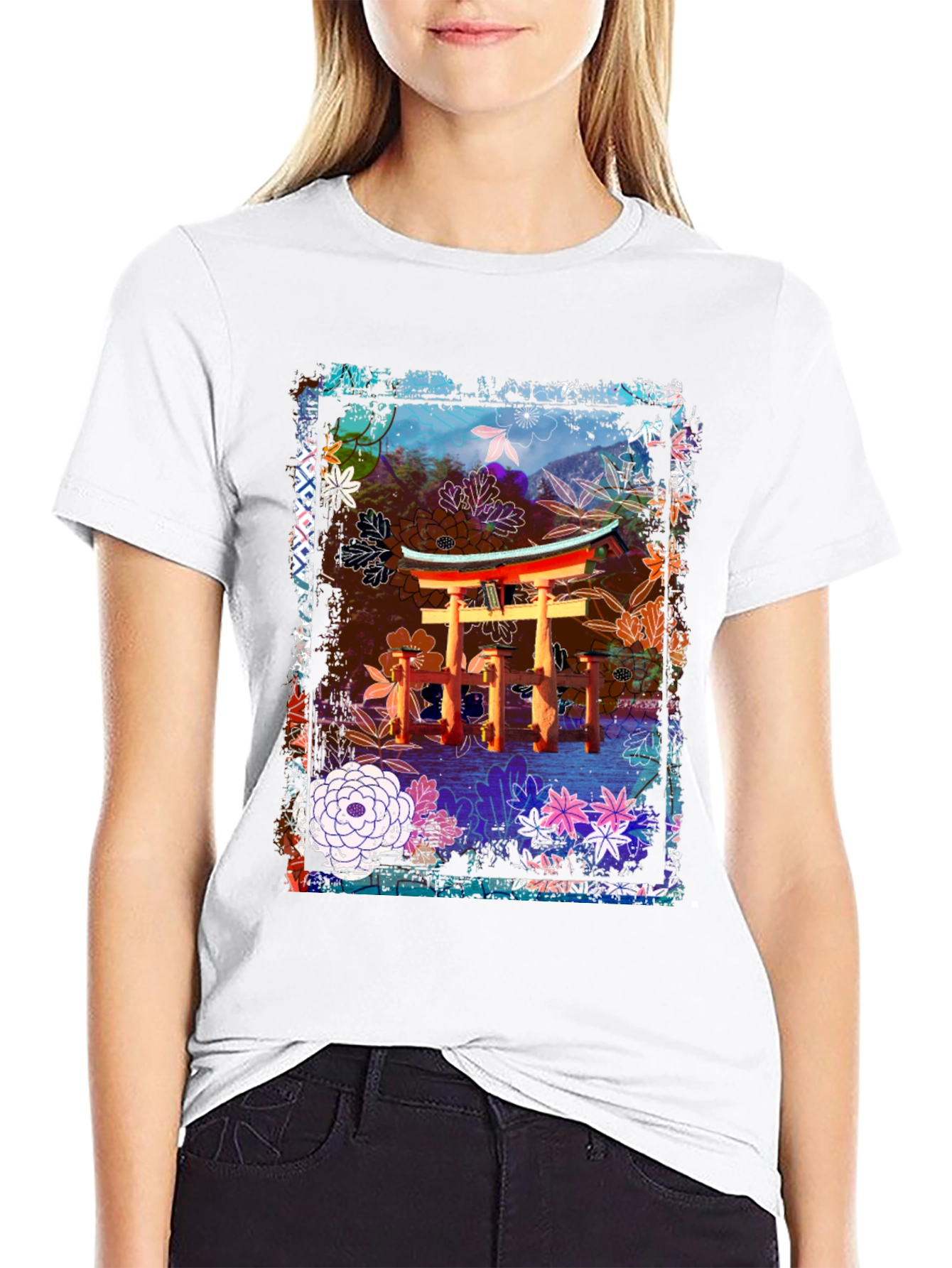 Japanese Torii Gate Floral Graphic Tee