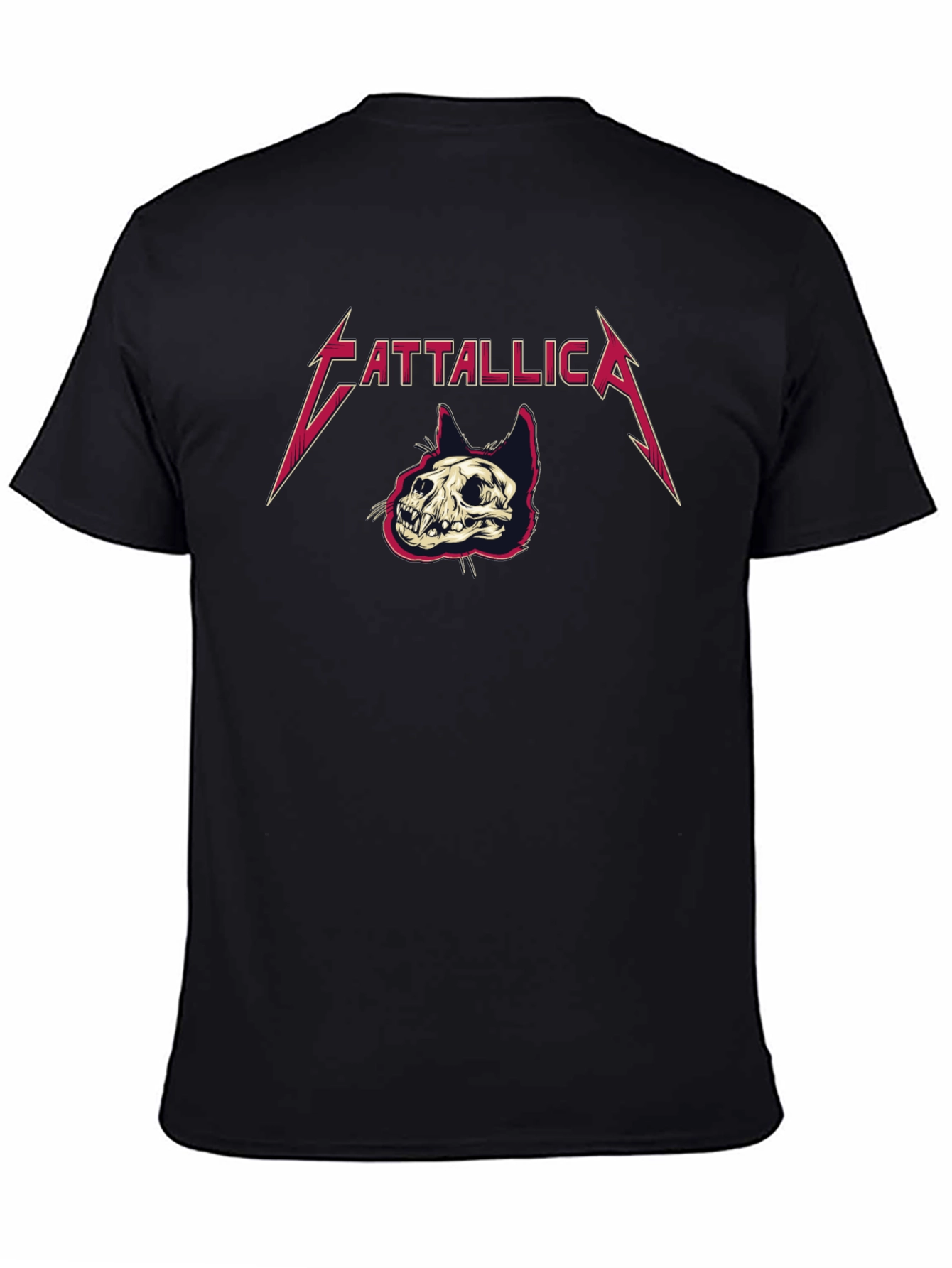 Cattallica Black T-Shirt - Rock Band Cat Skull Design