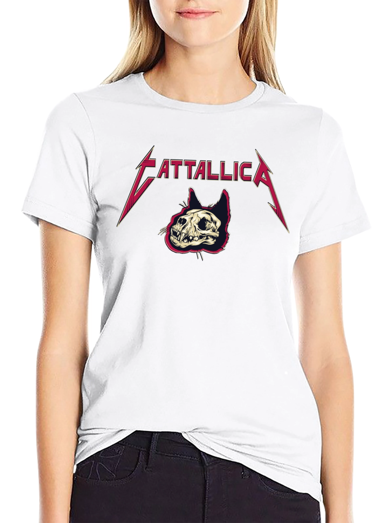 Cattallica Black T-Shirt - Rock Band Cat Skull Design