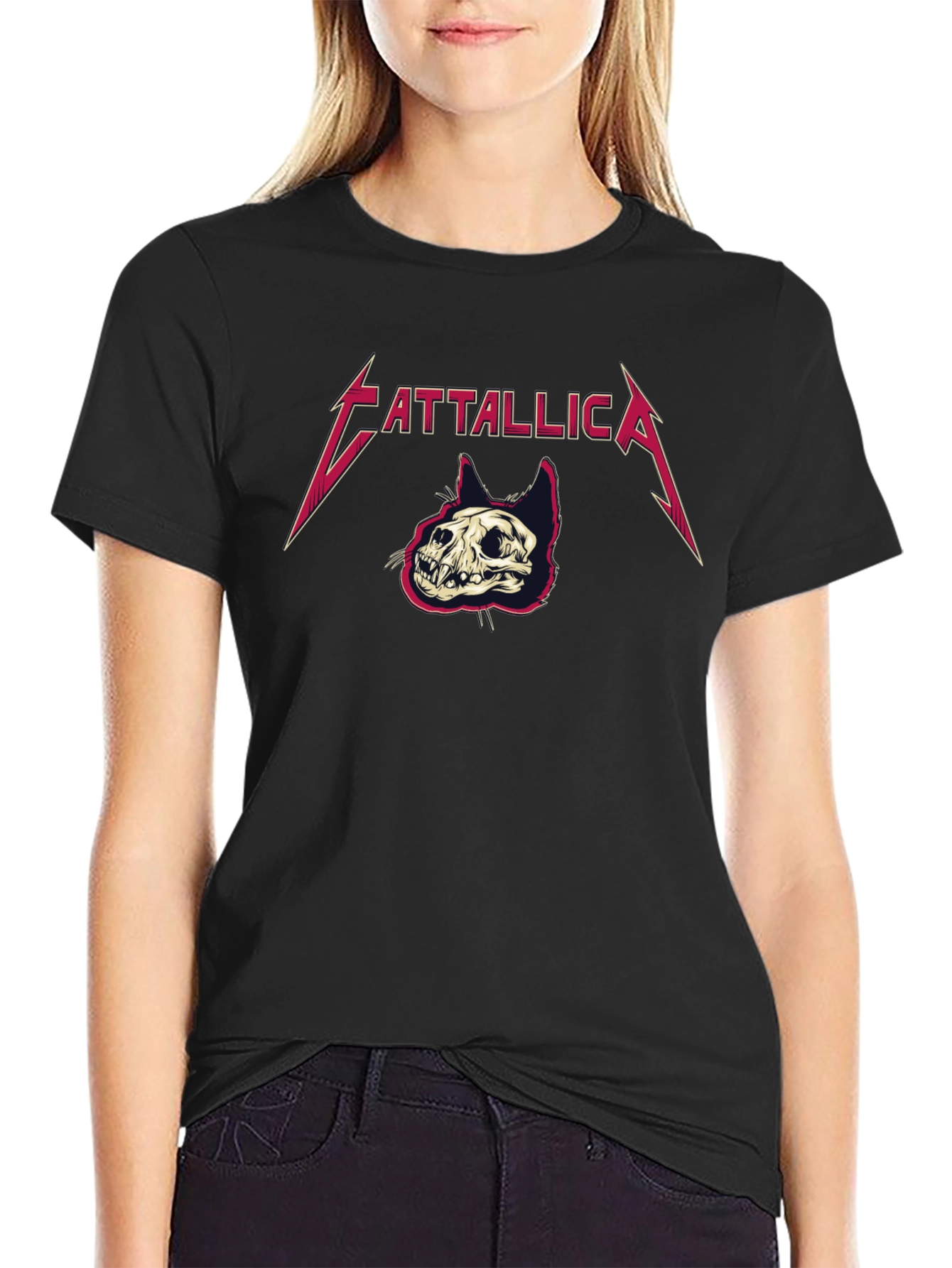 Cattallica Black T-Shirt - Rock Band Cat Skull Design