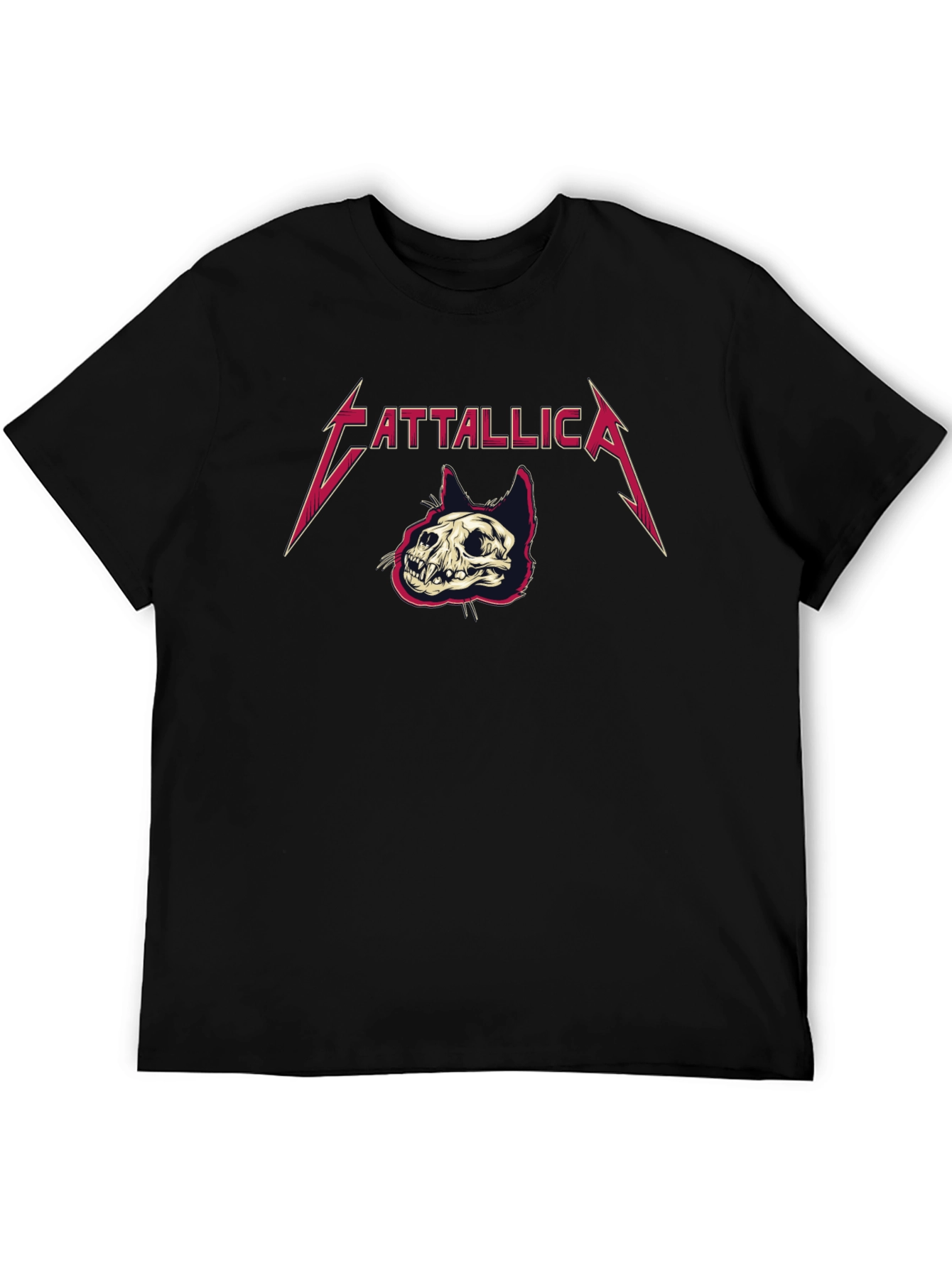 Cattallica Black T-Shirt - Rock Band Cat Skull Design