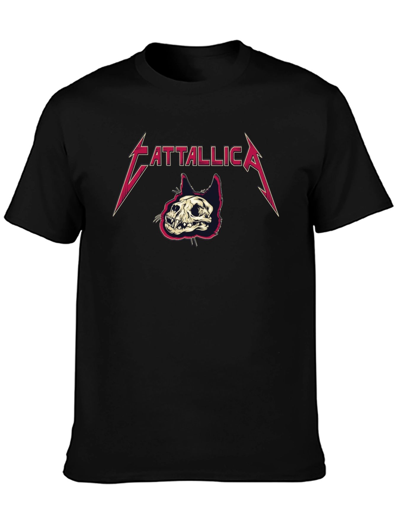 Cattallica Black T-Shirt - Rock Band Cat Skull Design
