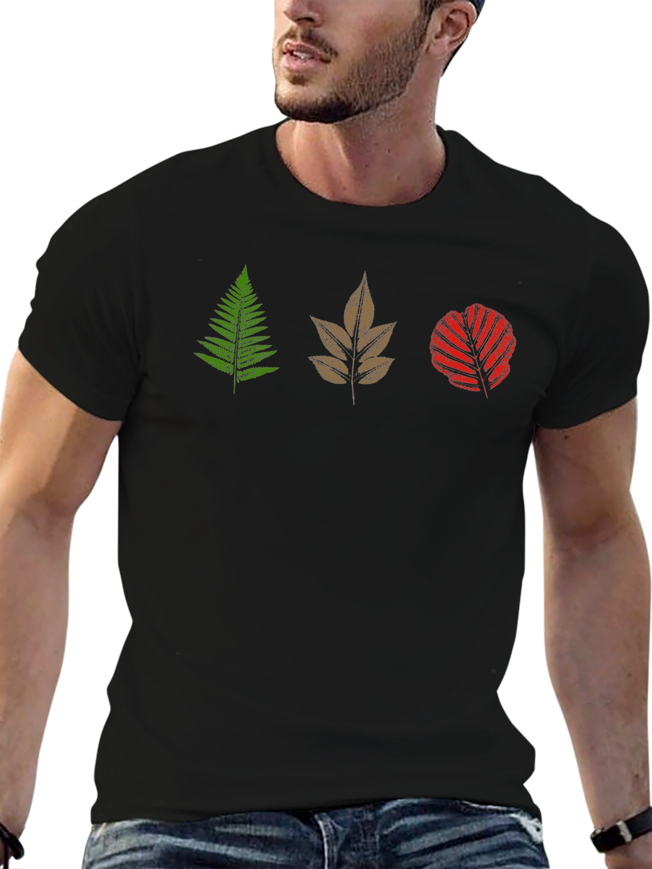 Mens Black T-Shirt with Leaf Design
