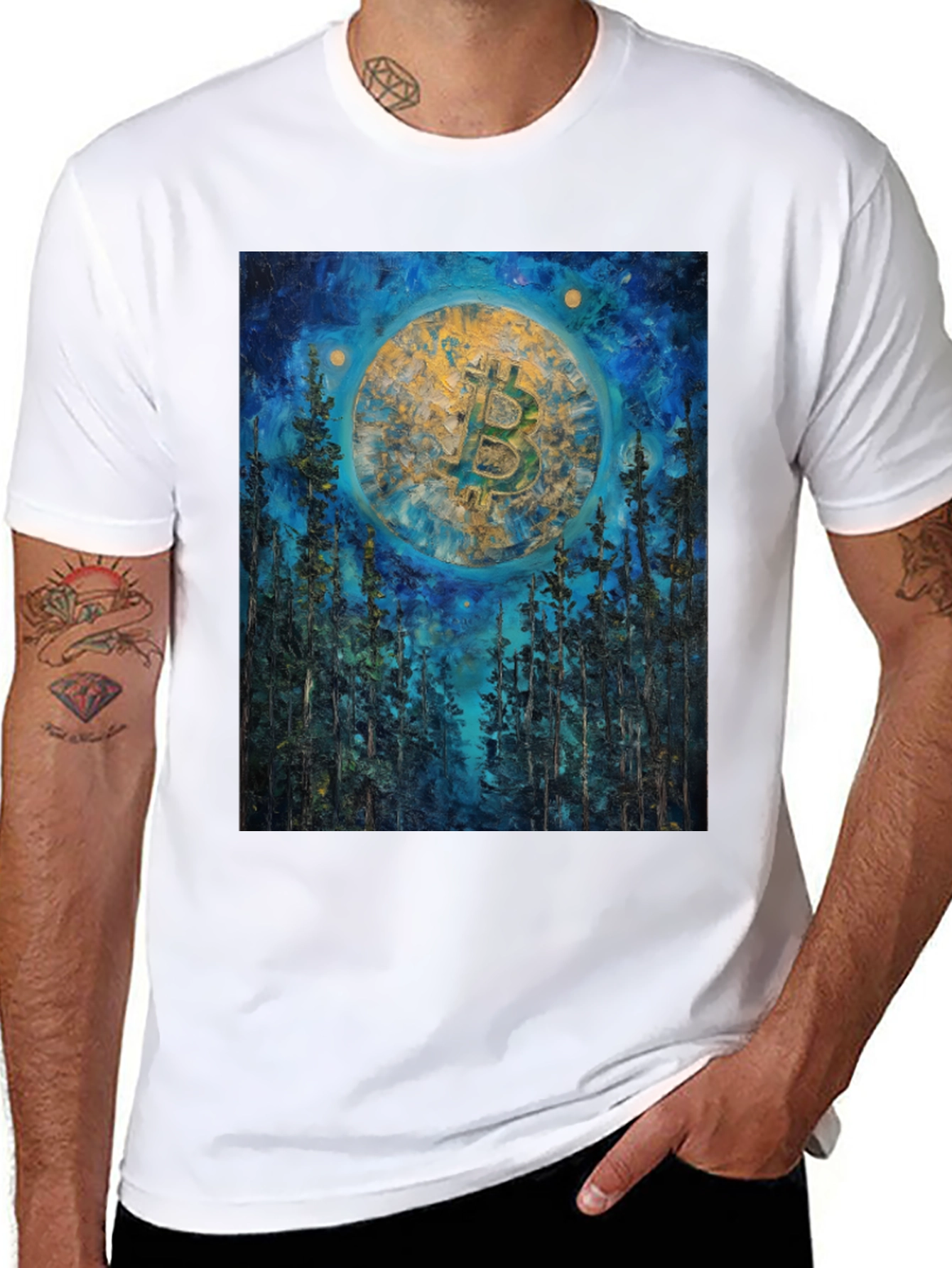Bitcoin Forest Night Sky Black T-Shirt