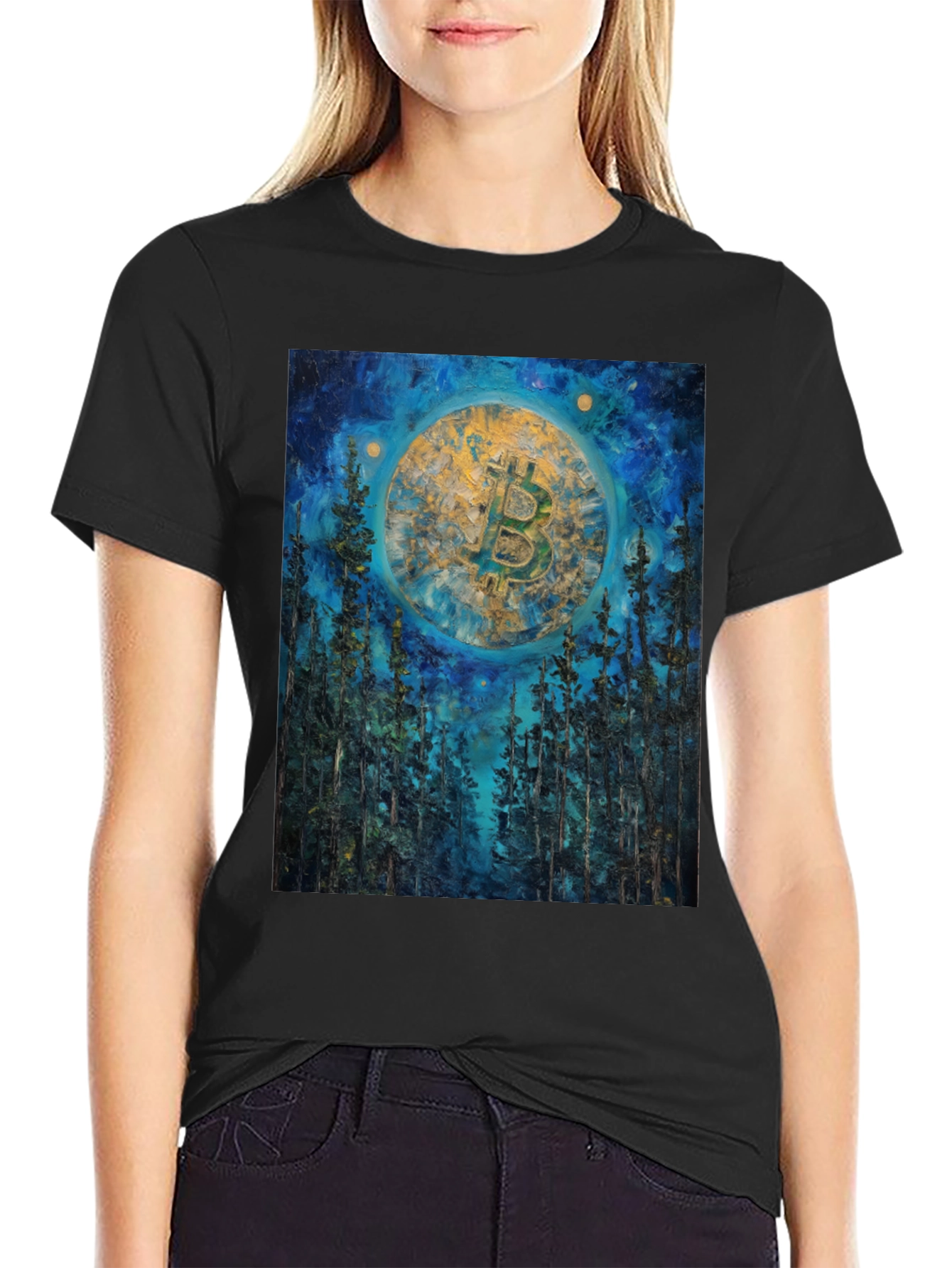 Bitcoin Forest Night Sky Black T-Shirt