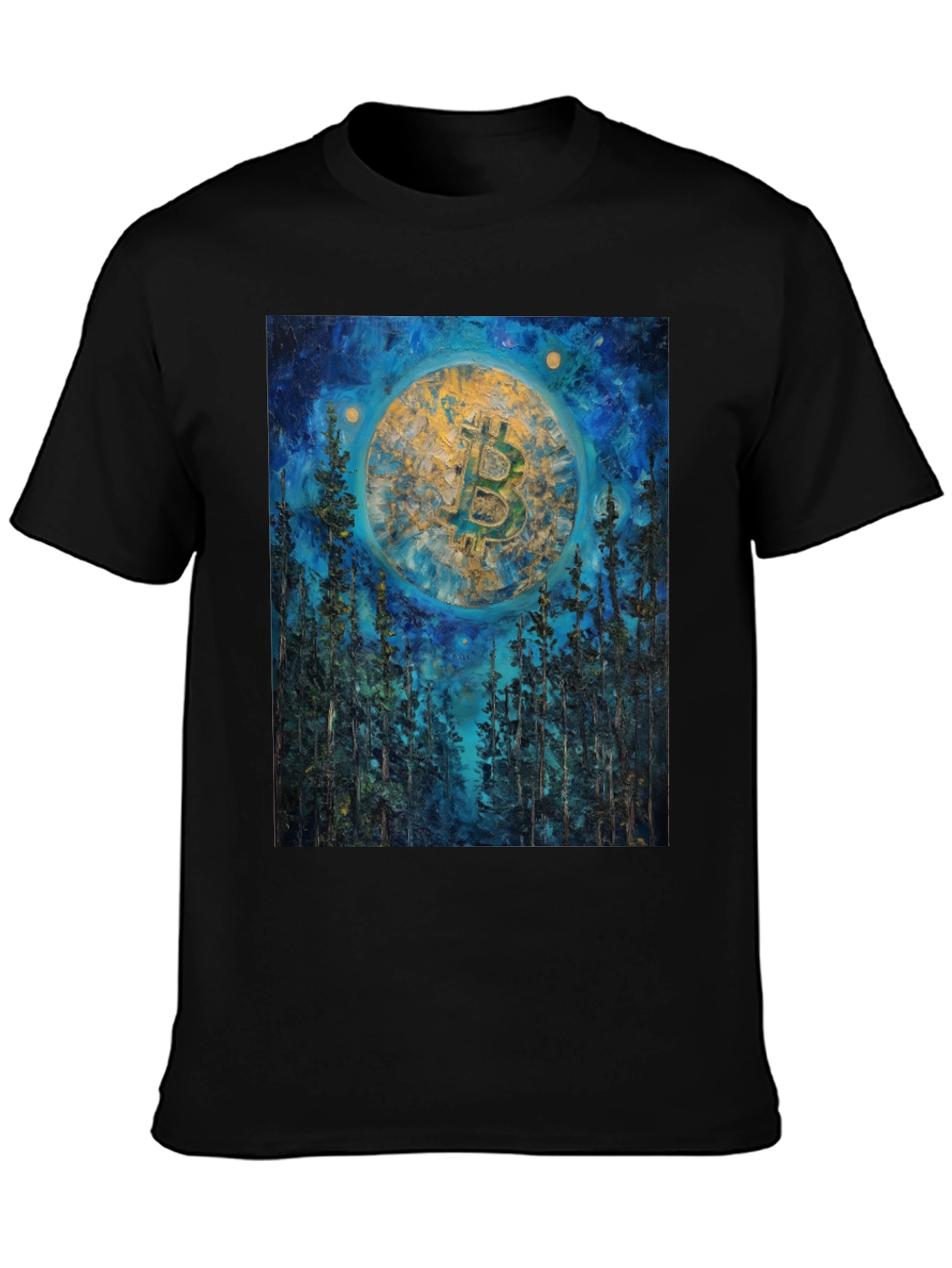 Bitcoin Forest Night Sky Black T-Shirt