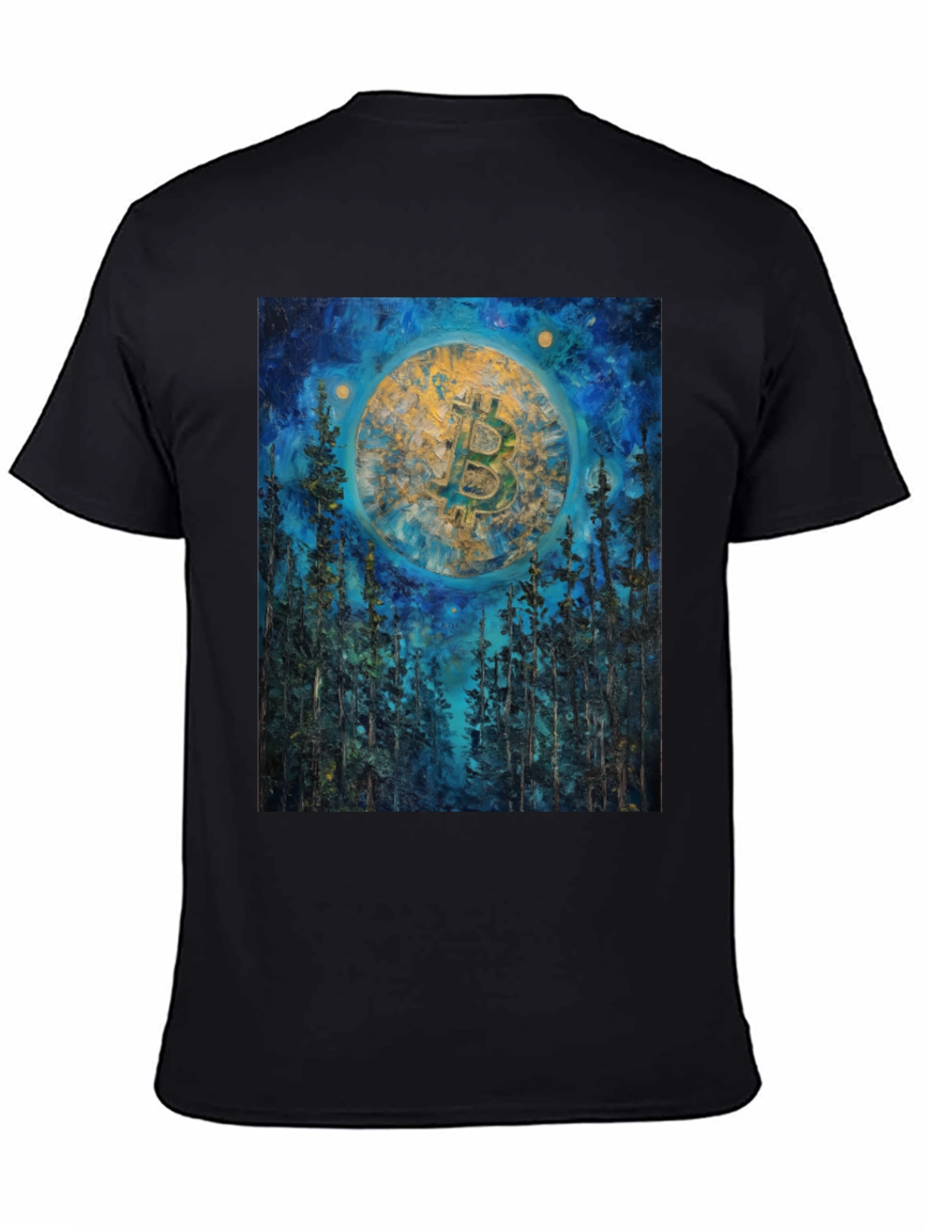 Bitcoin Forest Night Sky Black T-Shirt