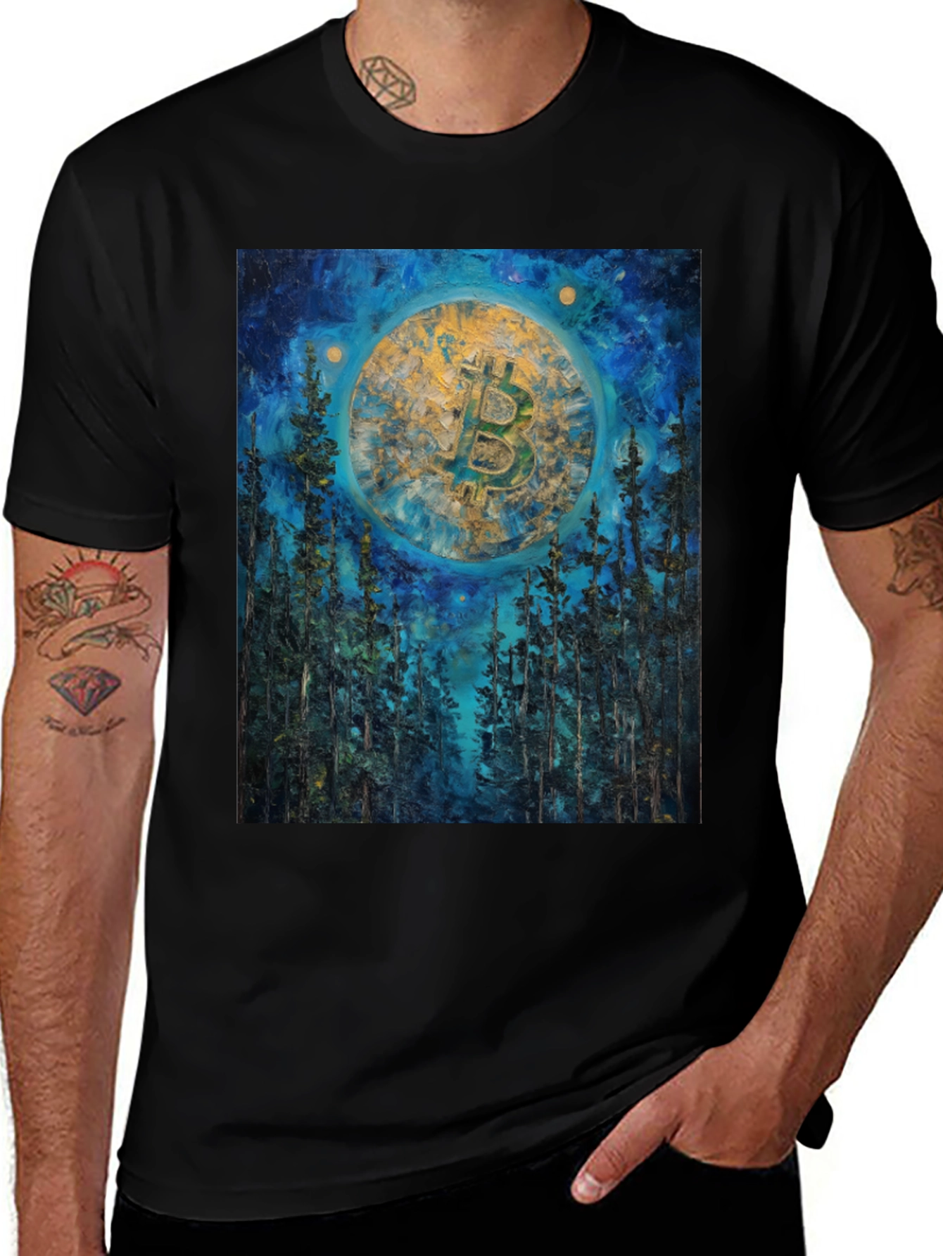 Bitcoin Forest Night Sky Black T-Shirt