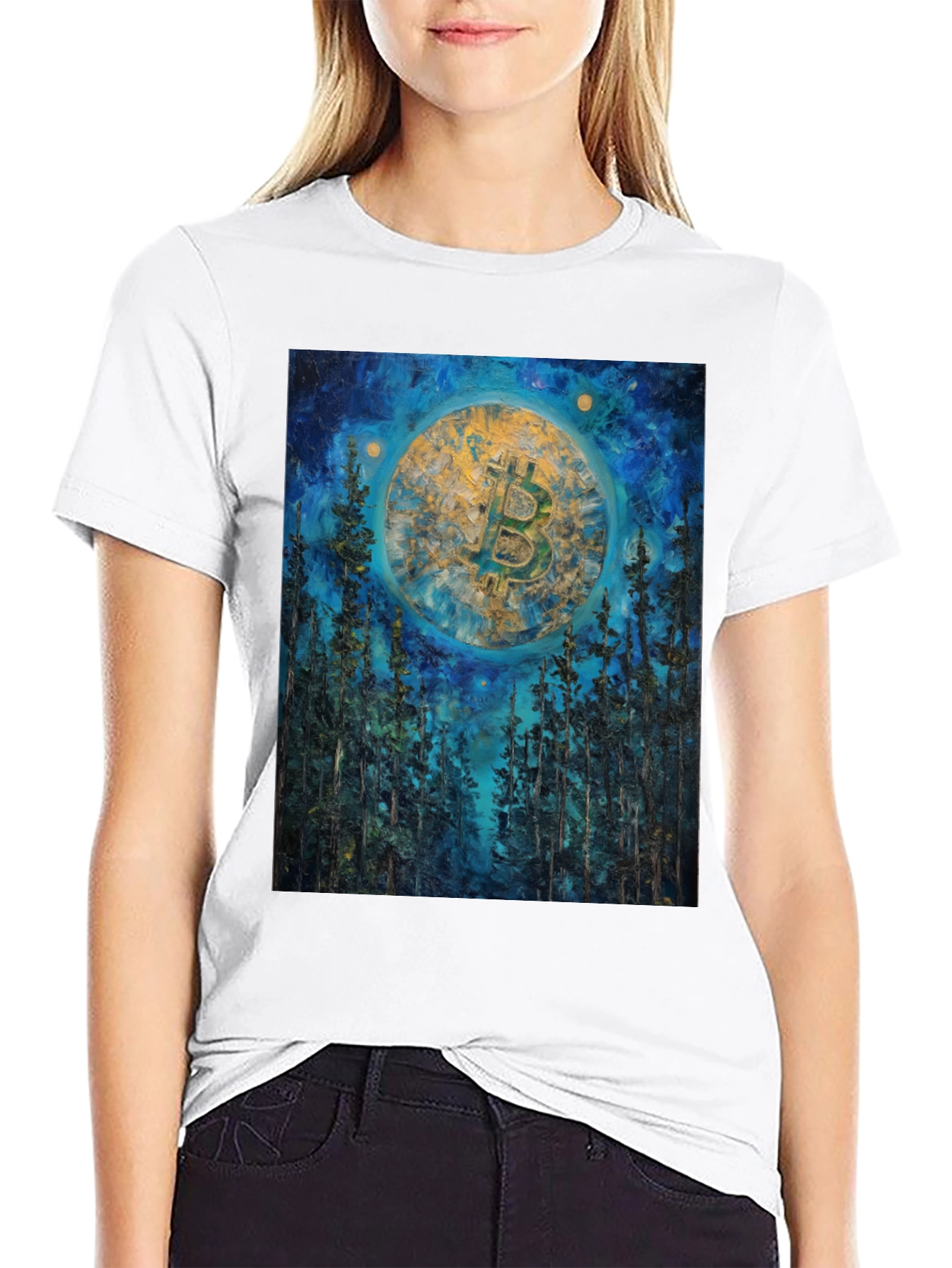 Bitcoin Forest Night Sky Black T-Shirt