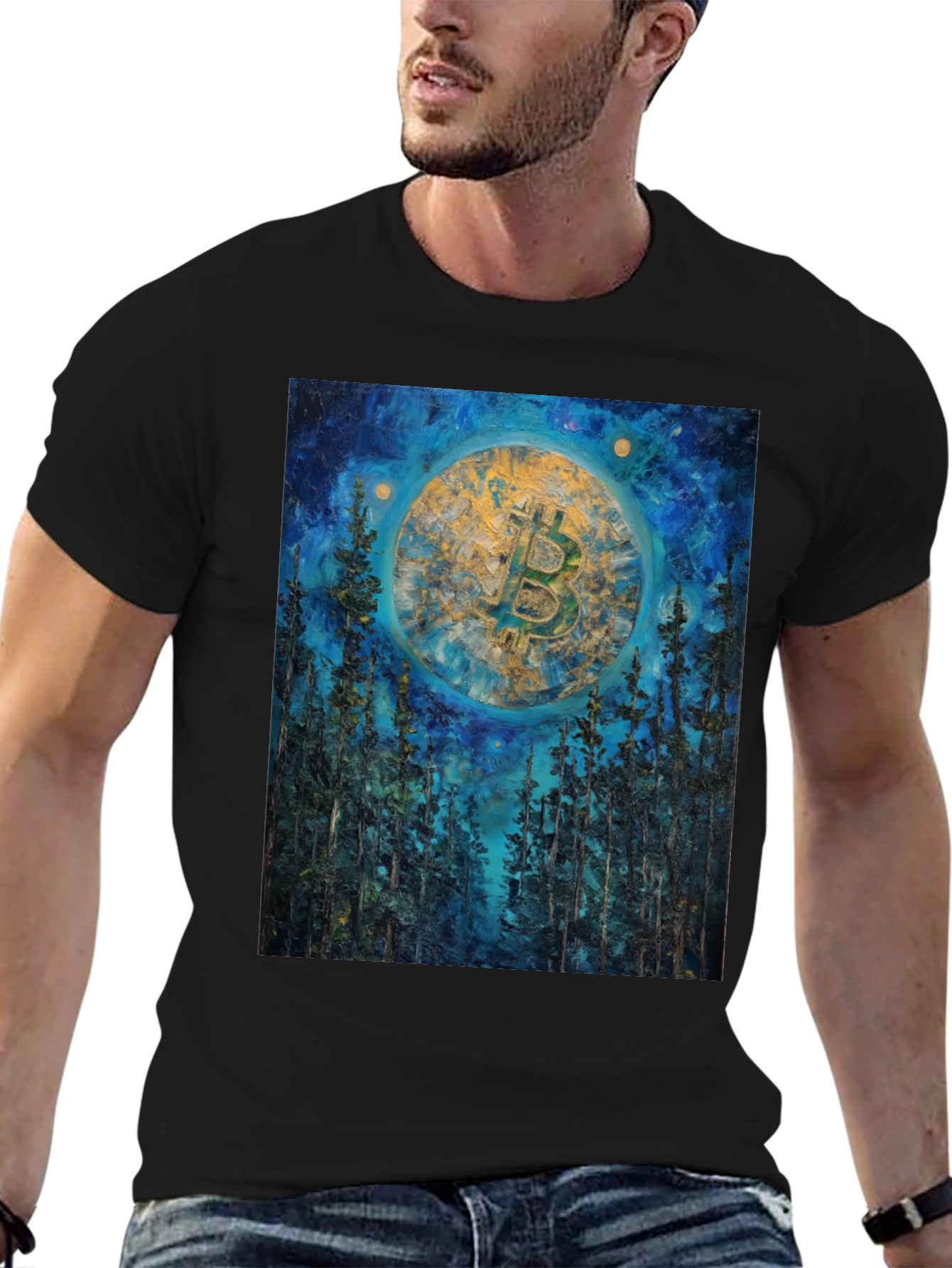 Bitcoin Forest Night Sky Black T-Shirt
