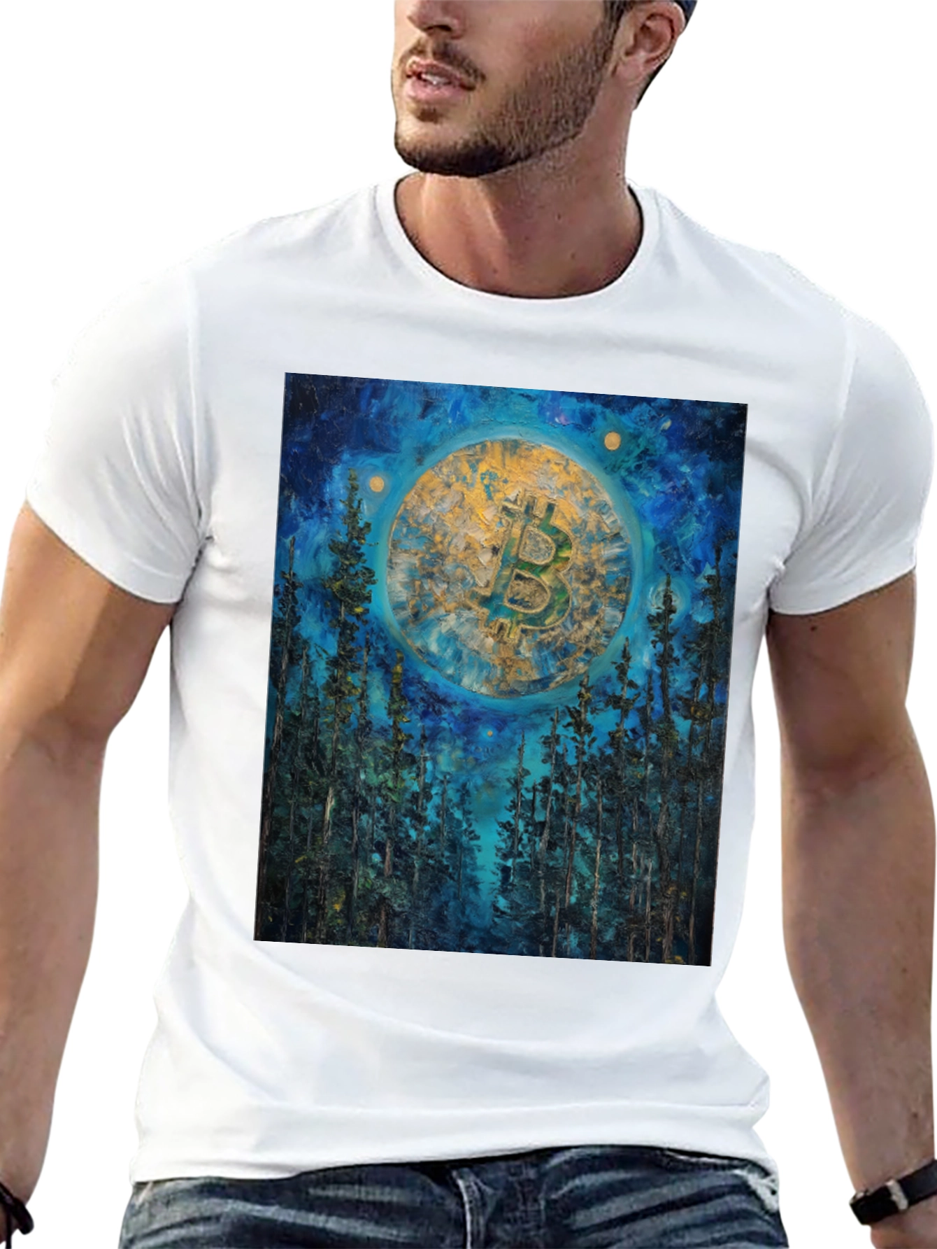 Bitcoin Forest Night Sky Black T-Shirt
