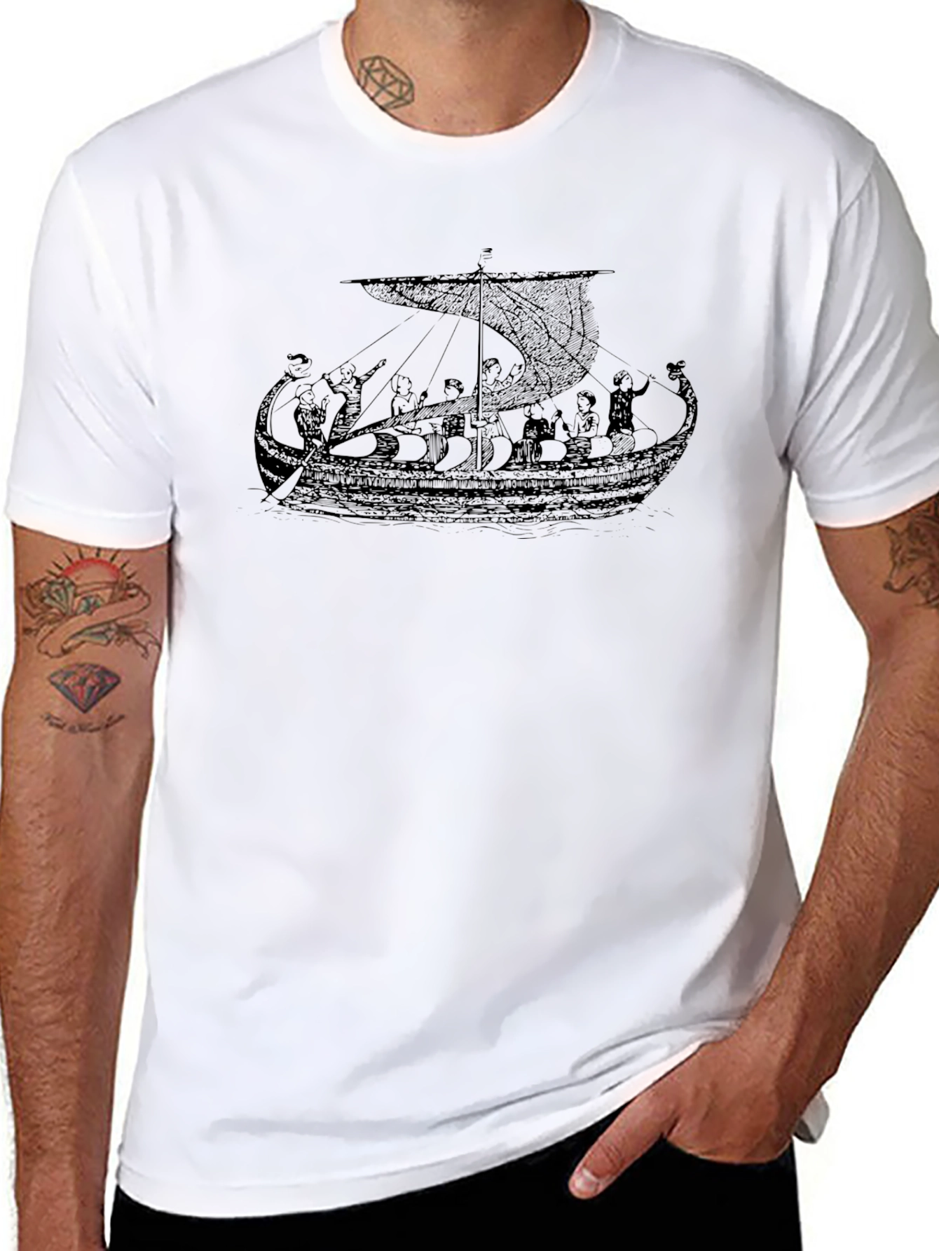 Viking Ship Graphic Tee - Black Cotton T-Shirt