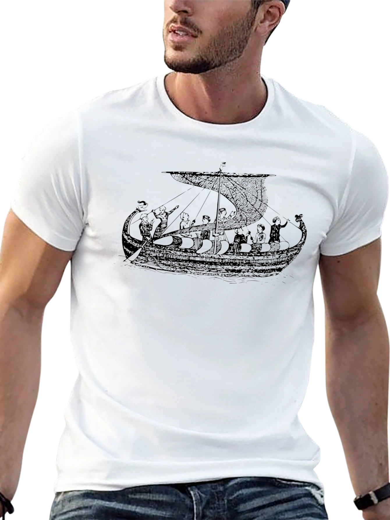 Viking Ship Graphic Tee - Black Cotton T-Shirt