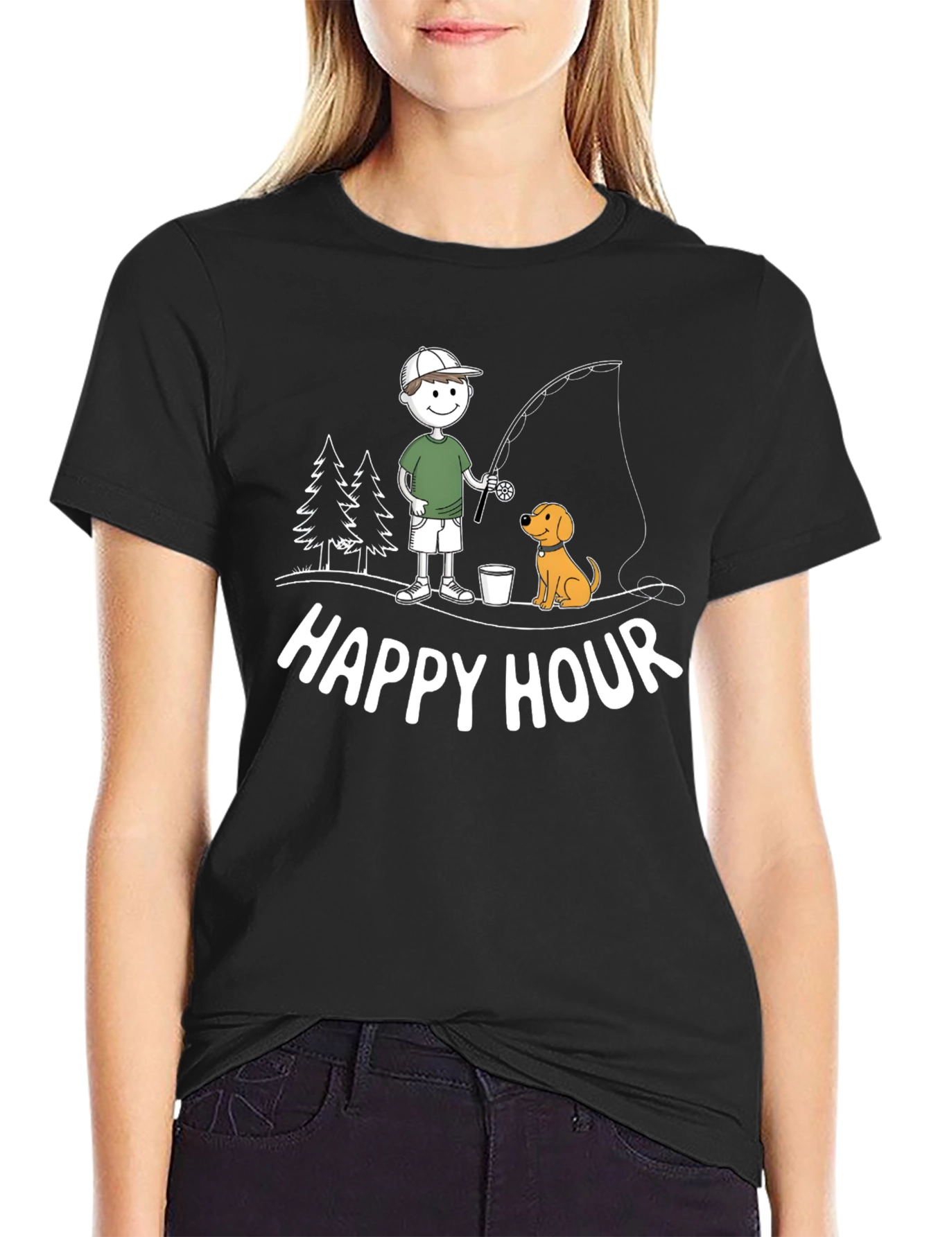 Happy Hour Fishing T-Shirt Cartoon Dog and Fisherman