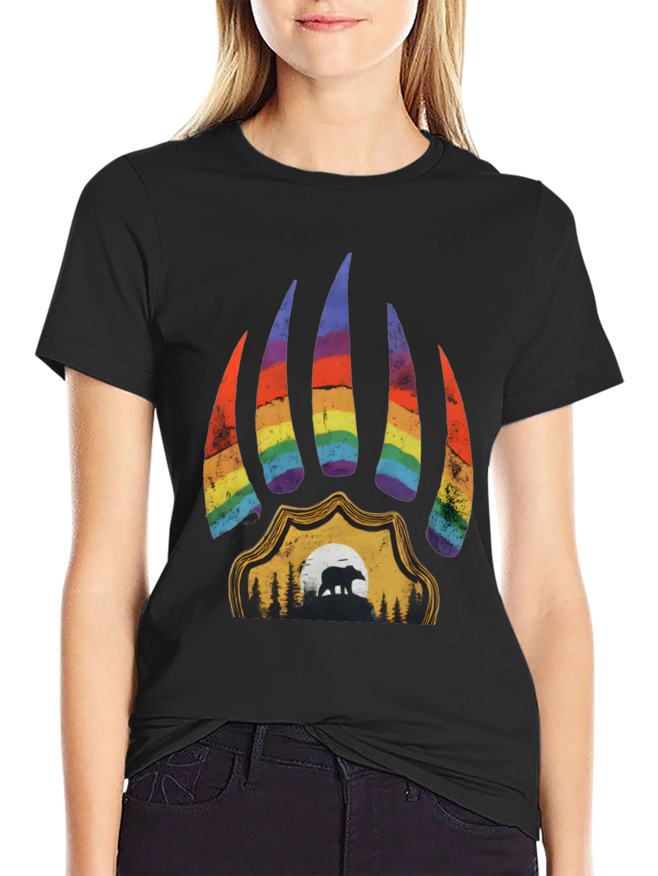 Pride Bear Paw Graphic Tee - Black Cotton T-Shirt
