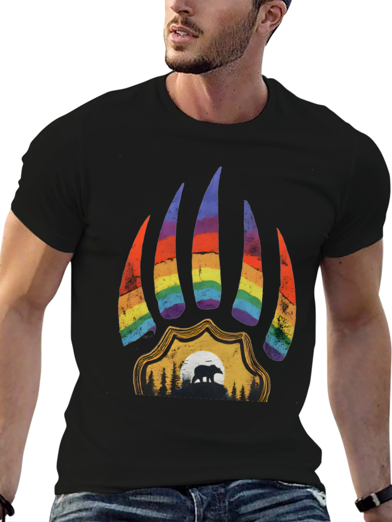 Pride Bear Paw Graphic Tee - Black Cotton T-Shirt