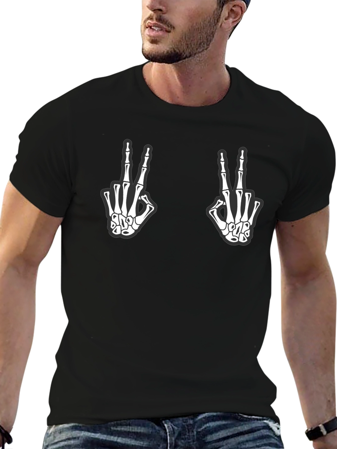 Skeleton Hand Peace Sign Graphic T-Shirt