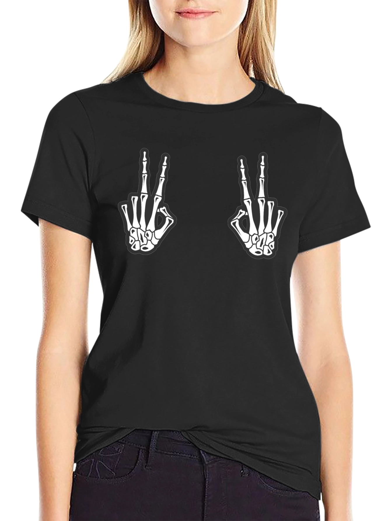 Skeleton Hand Peace Sign Graphic T-Shirt
