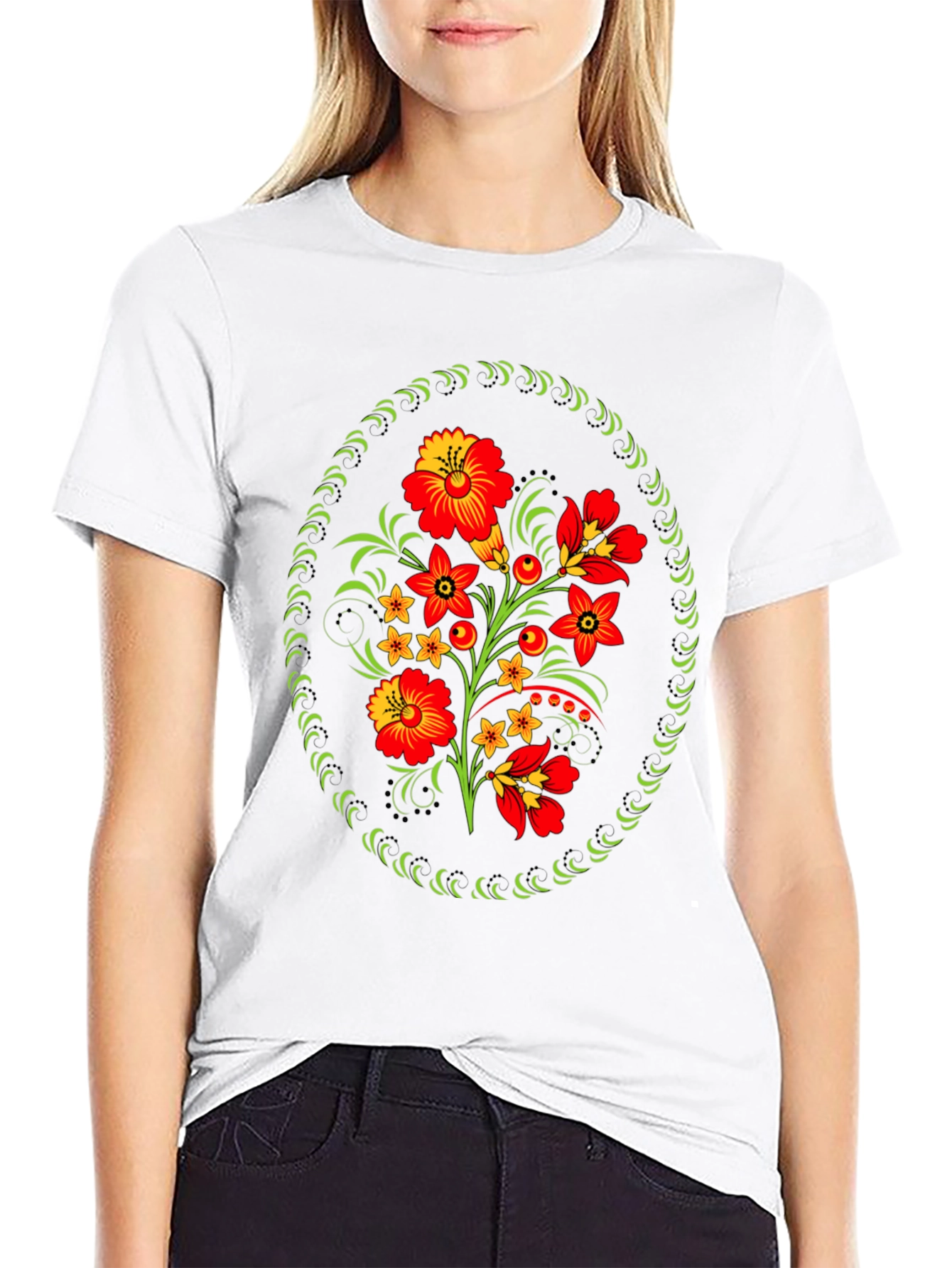 Floral Folk Art Graphic Tee - Black Cotton