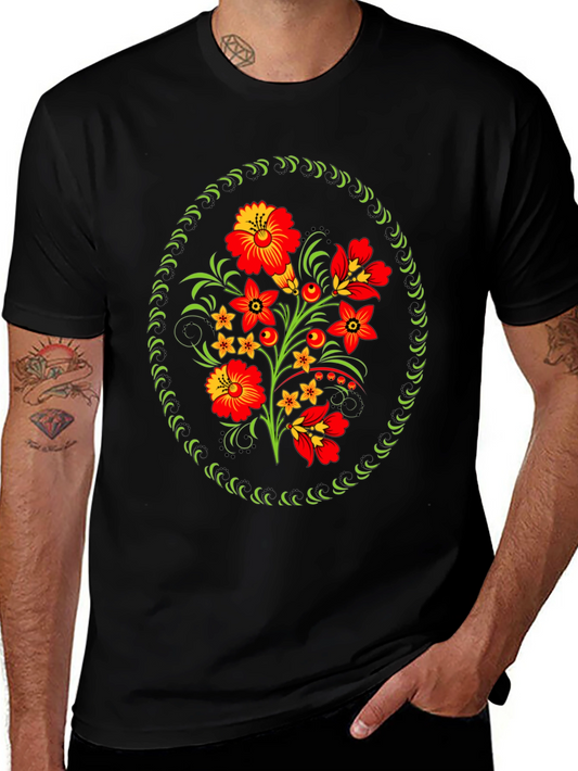 Floral Folk Art Graphic Tee - Black Cotton