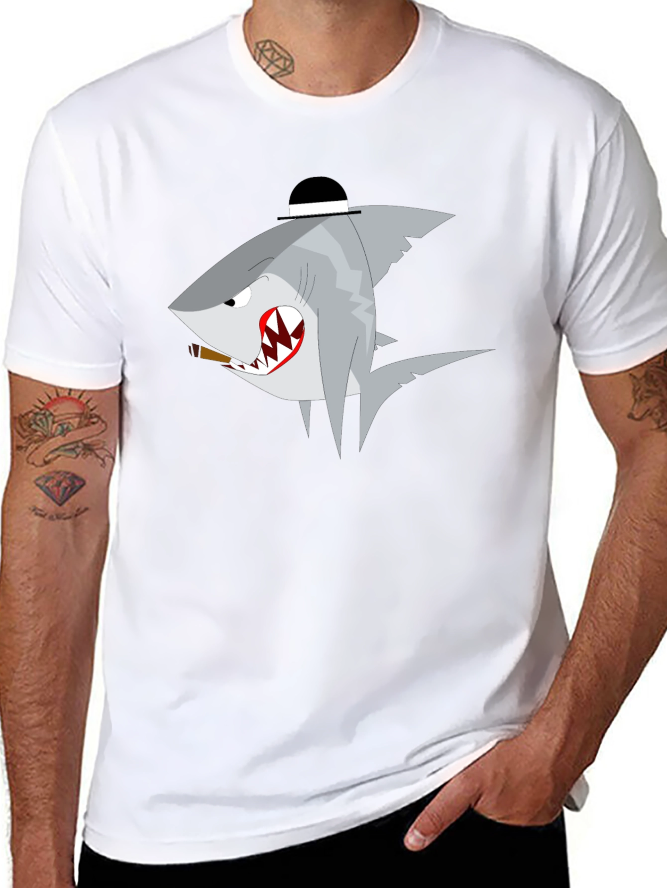 Shark with Hat Graphic T-Shirt - Novelty Tee