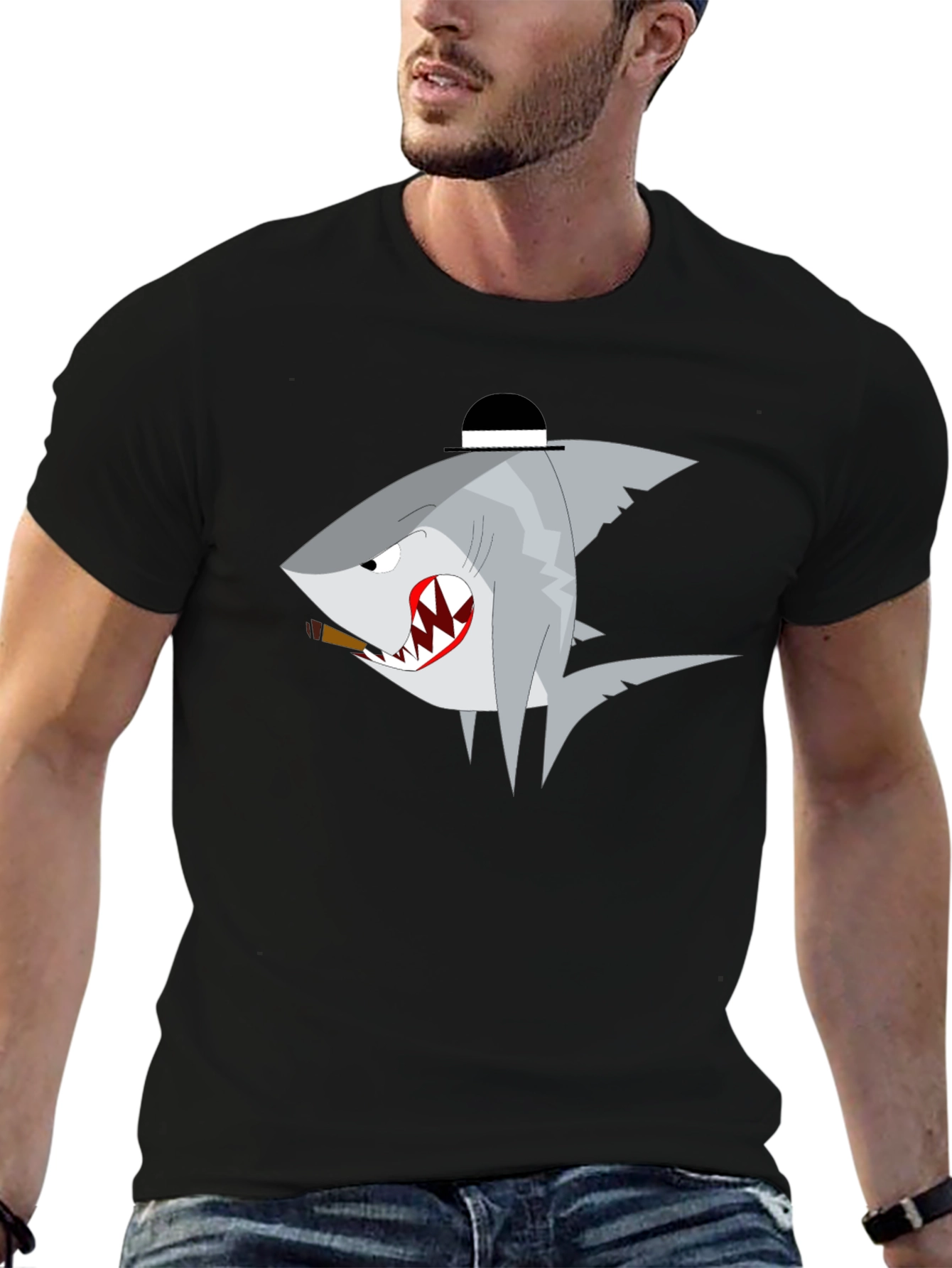 Shark with Hat Graphic T-Shirt - Novelty Tee