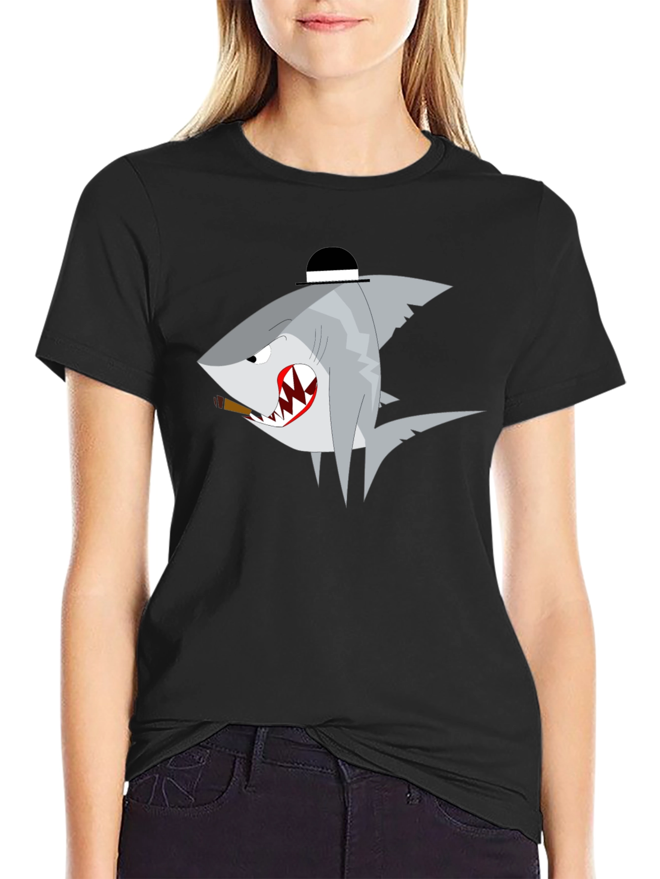 Shark with Hat Graphic T-Shirt - Novelty Tee