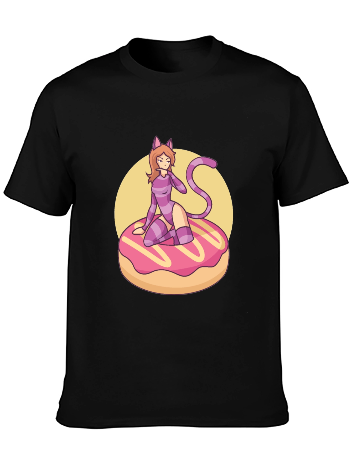 Black T-Shirt with Cat Girl on Donut Design