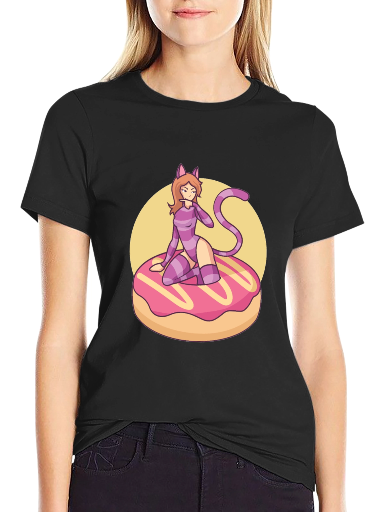 Black T-Shirt with Cat Girl on Donut Design
