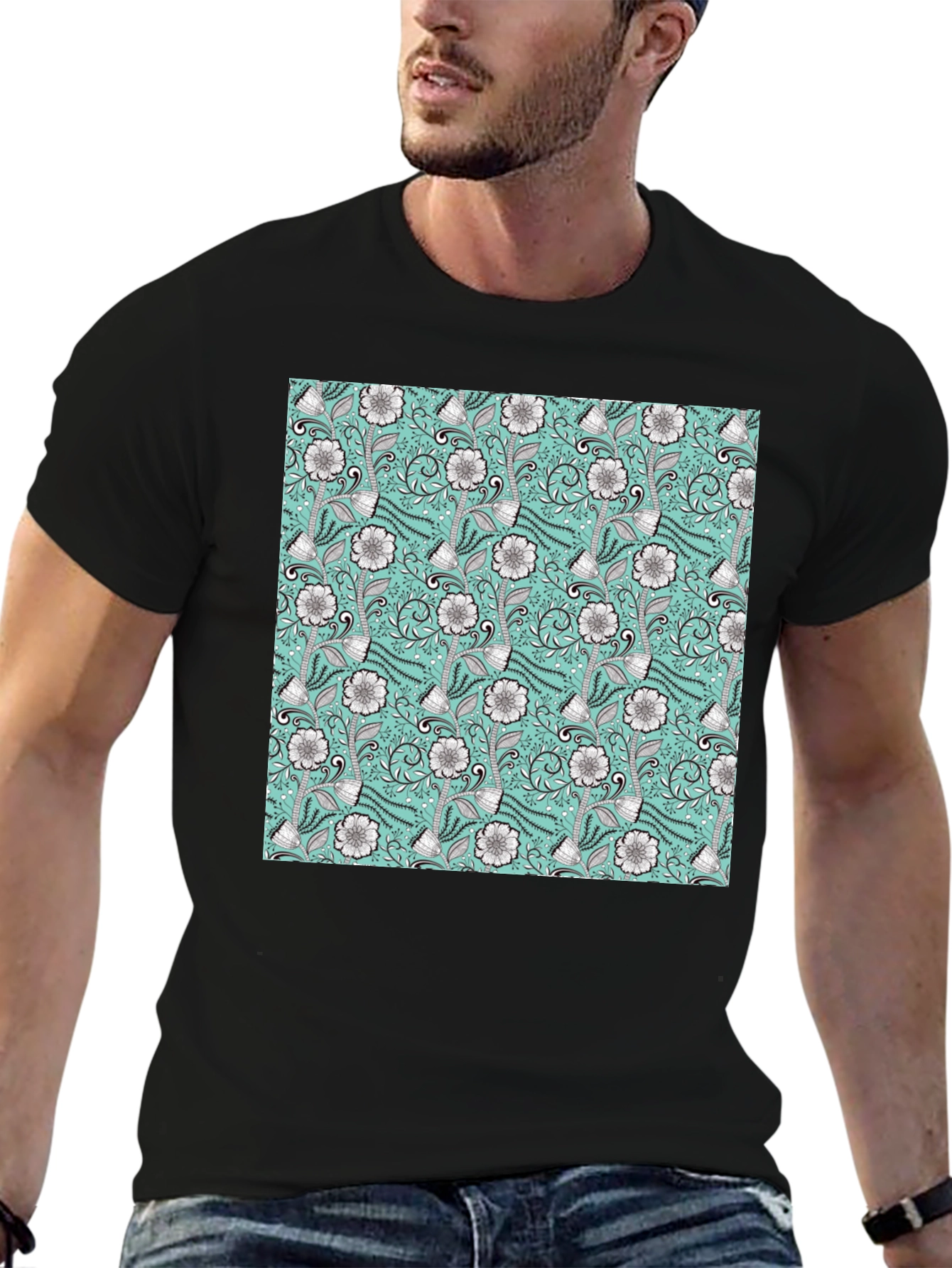 Floral Pattern Black T-Shirt