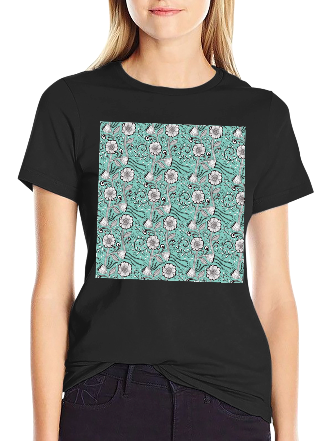 Floral Pattern Black T-Shirt
