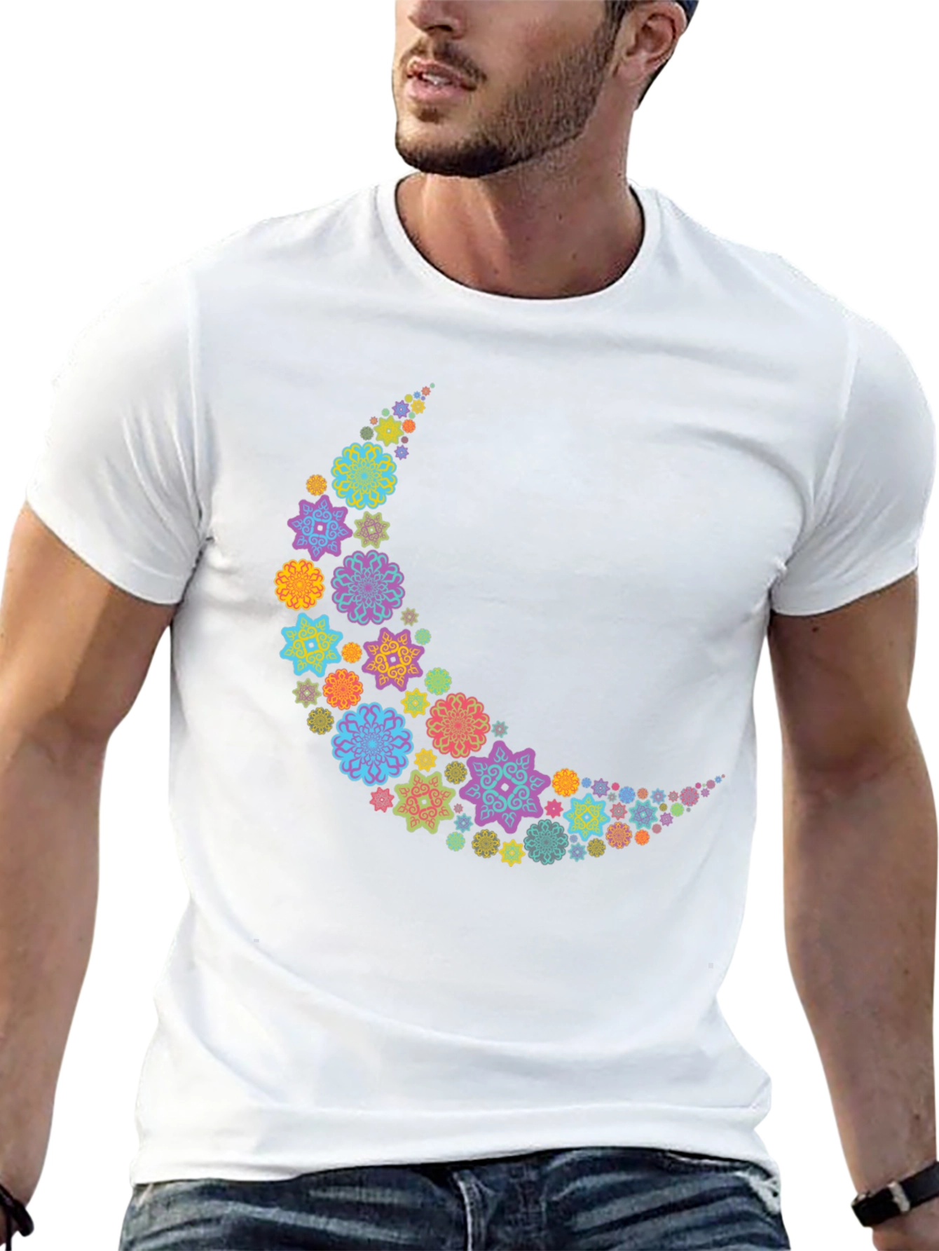 Floral Crescent Moon T-Shirt - Black Cotton Tee