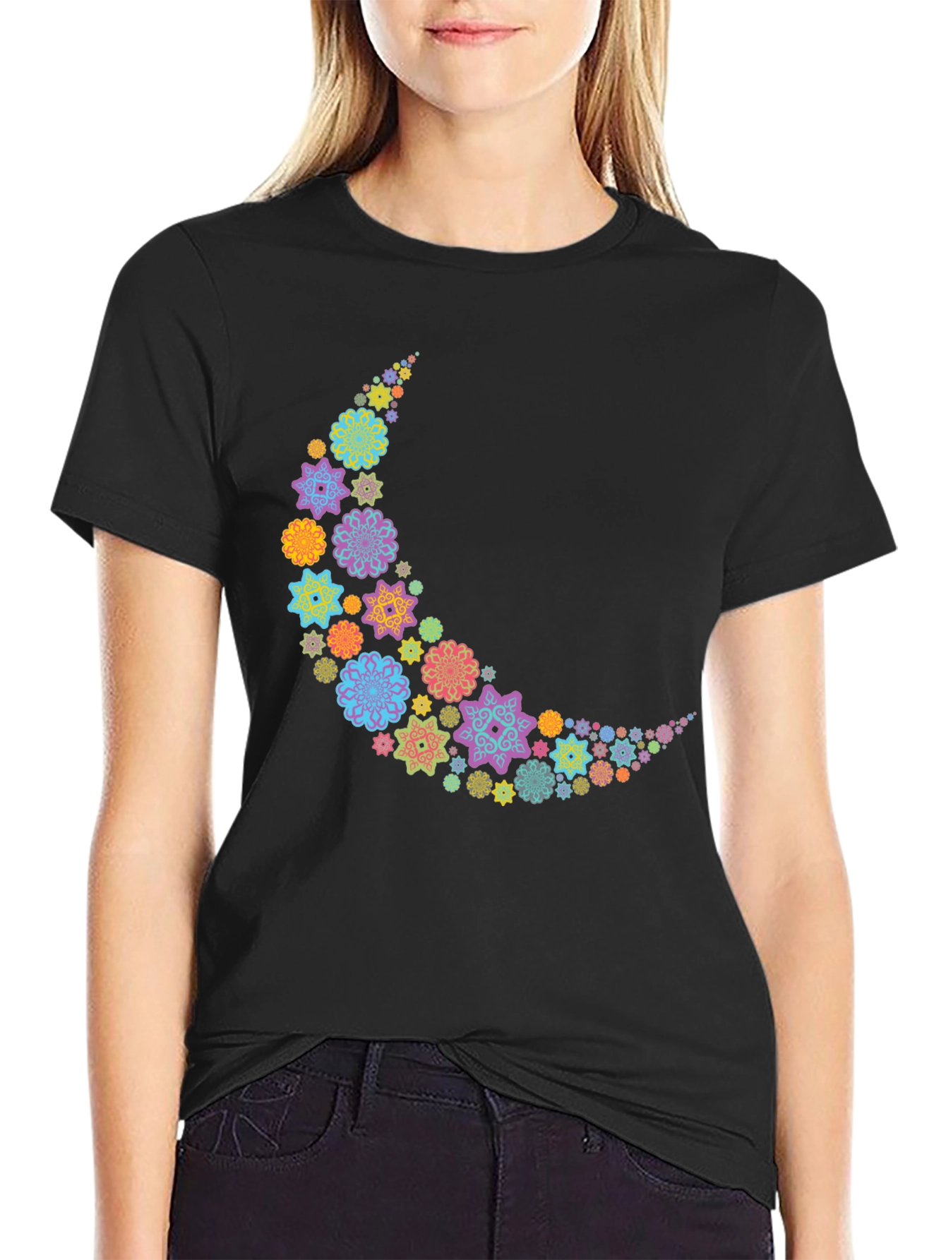 Floral Crescent Moon T-Shirt - Black Cotton Tee