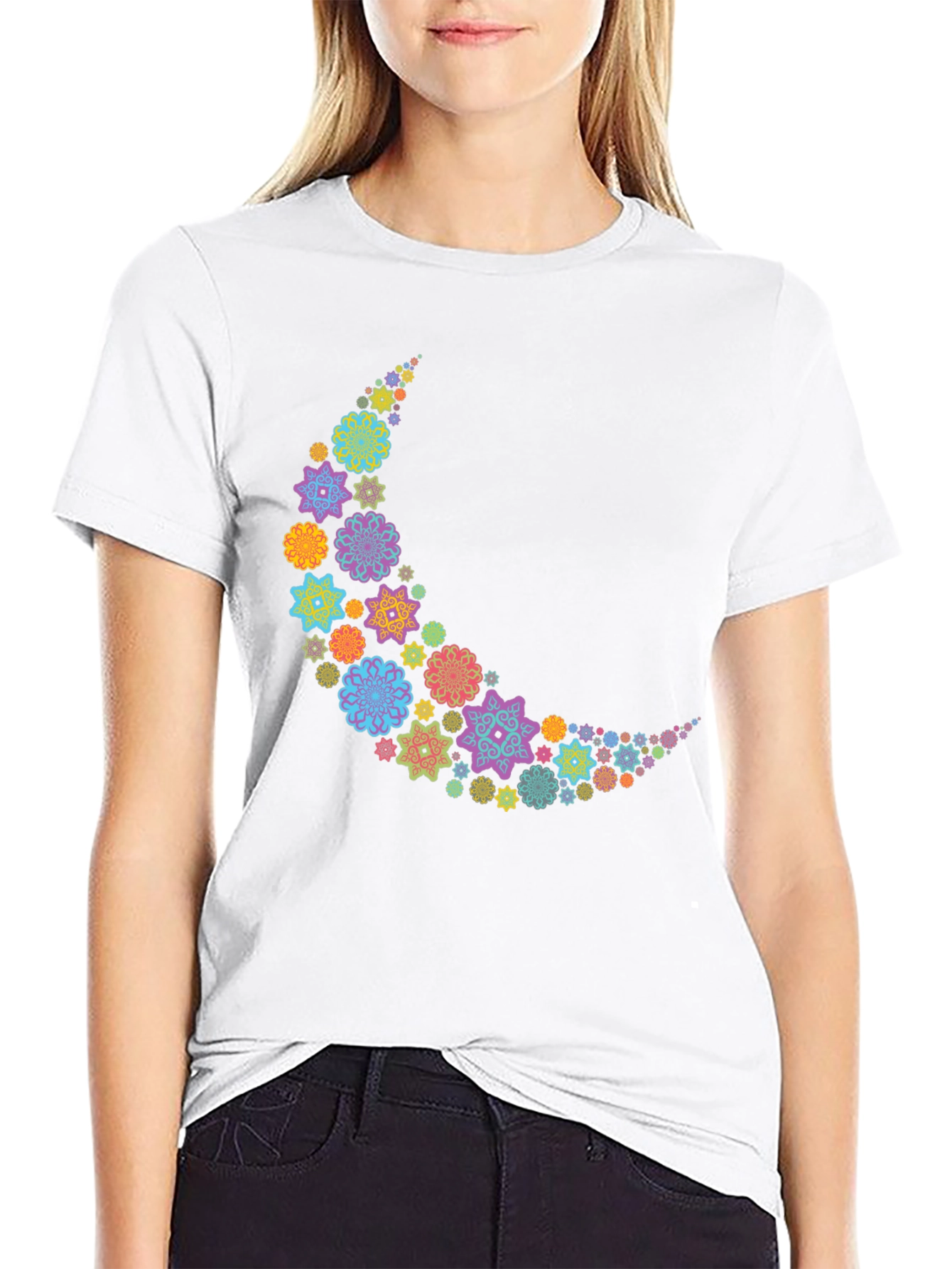 Floral Crescent Moon T-Shirt - Black Cotton Tee