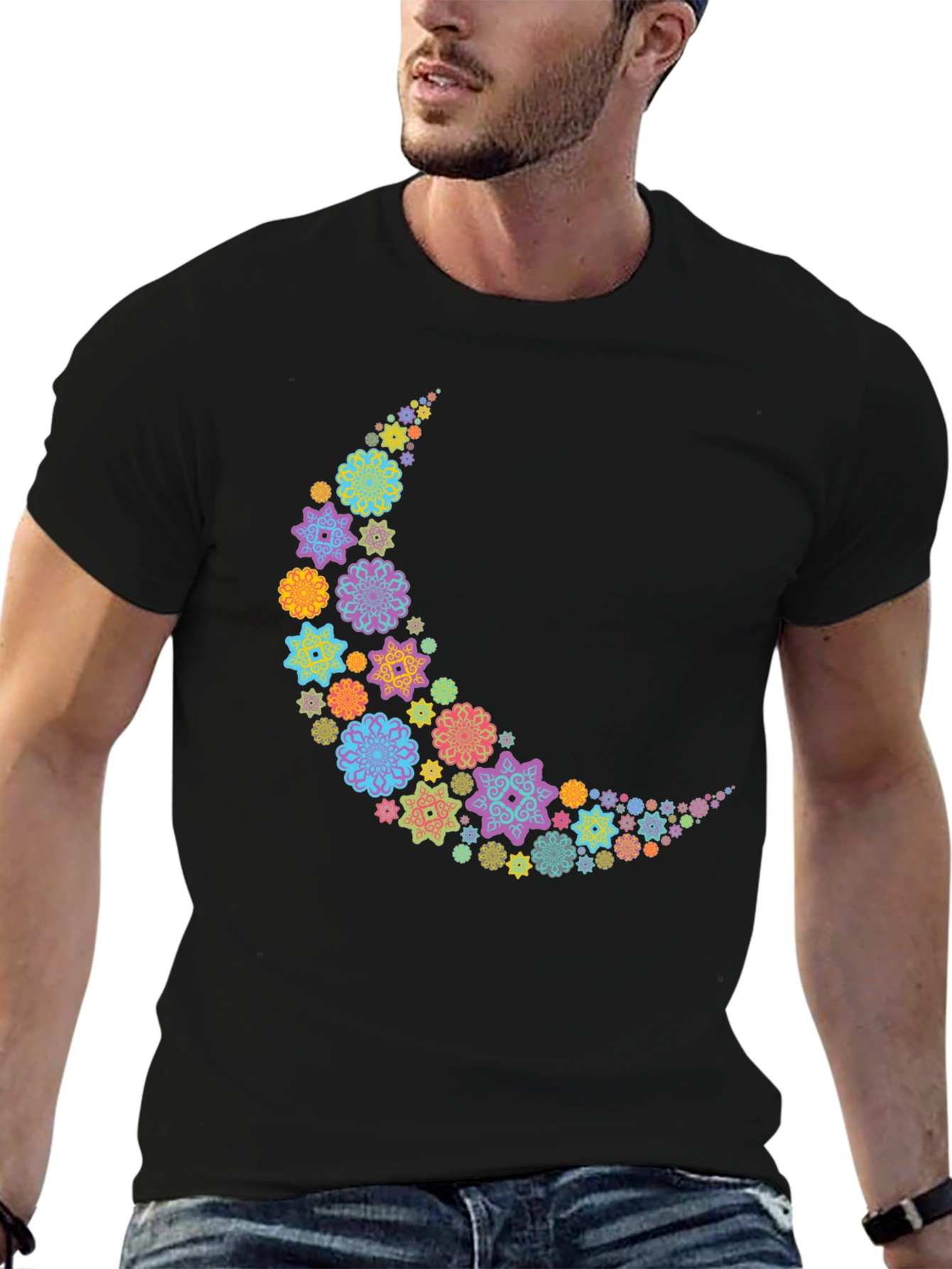 Floral Crescent Moon T-Shirt - Black Cotton Tee