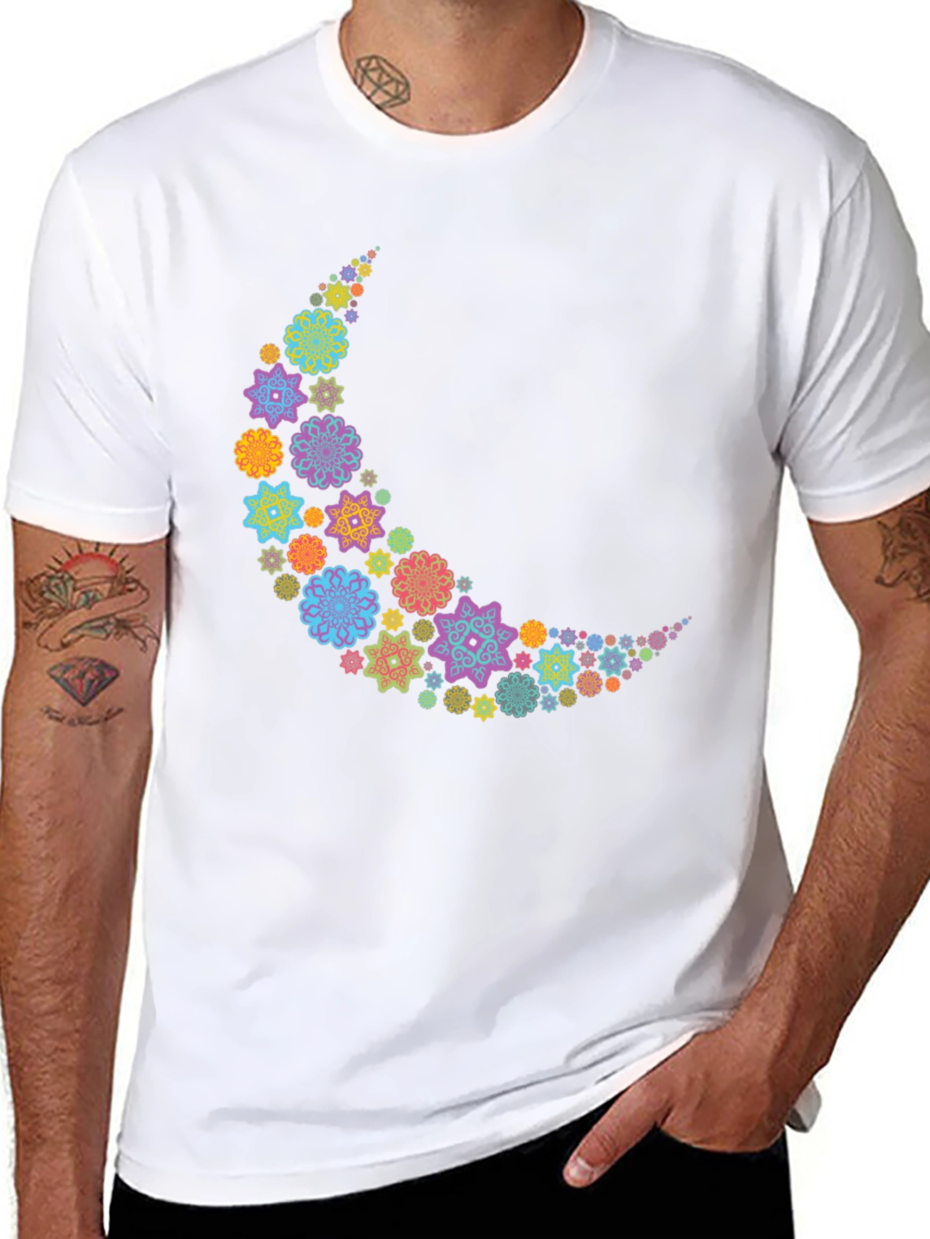 Floral Crescent Moon T-Shirt - Black Cotton Tee