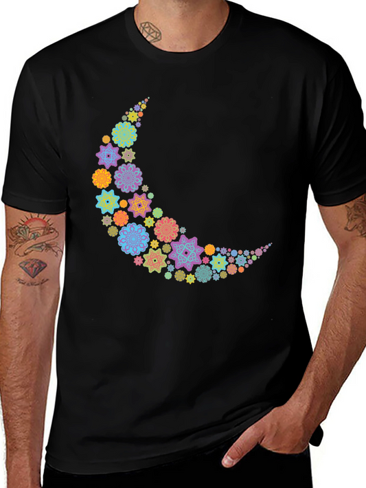 Floral Crescent Moon T-Shirt - Black Cotton Tee