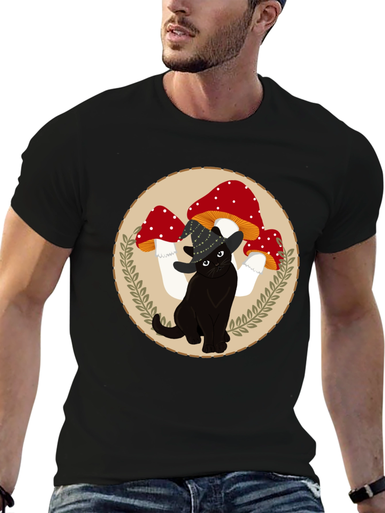 Black Cat & Mushroom T-Shirt - Whimsical Graphic Tee