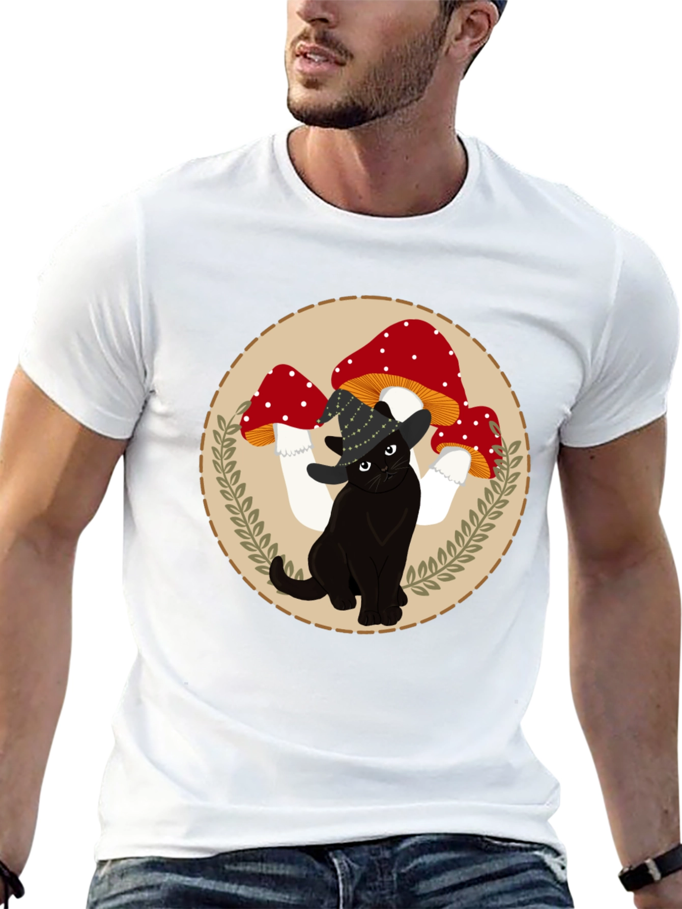 Black Cat & Mushroom T-Shirt - Whimsical Graphic Tee