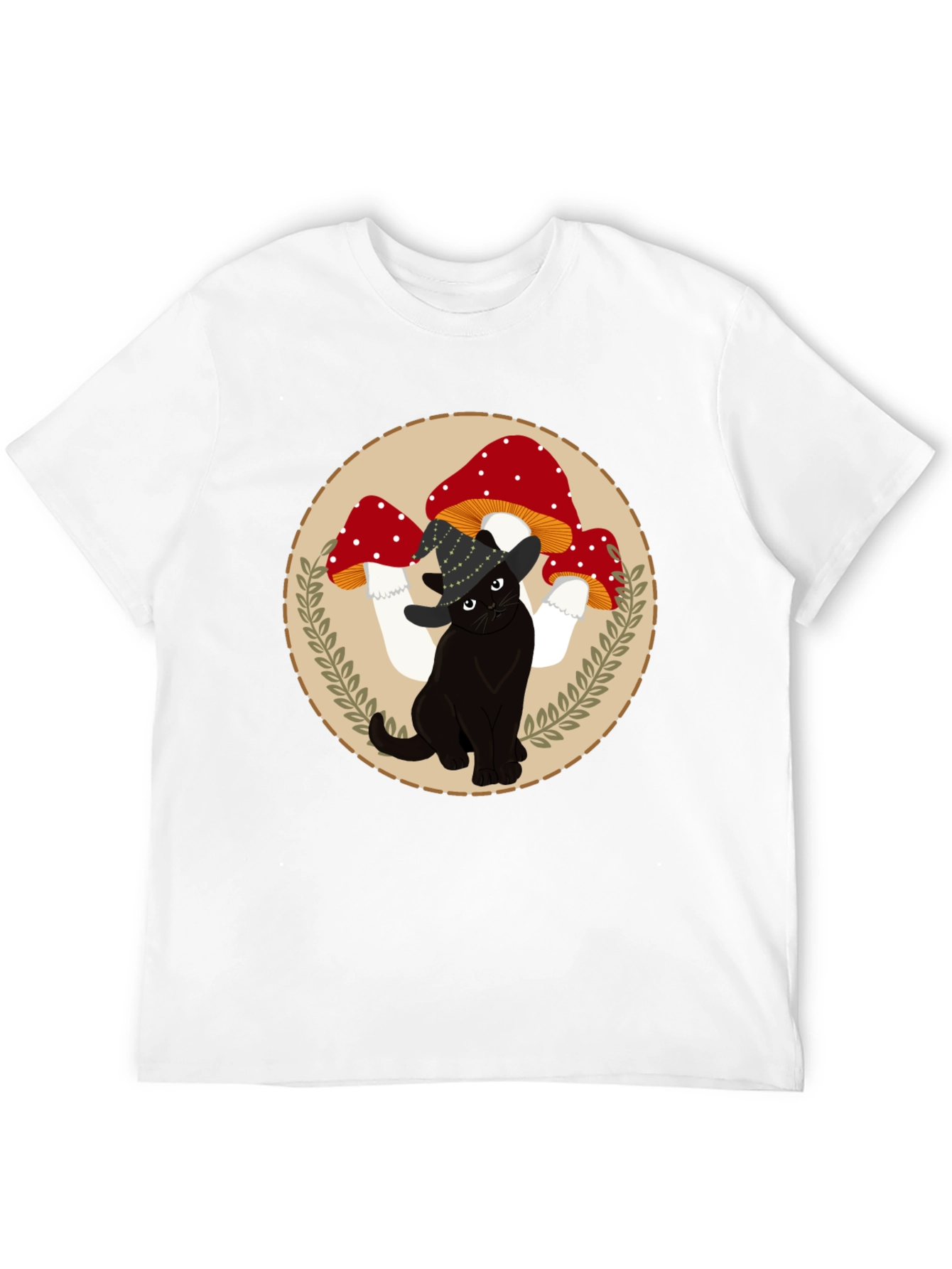 Black Cat & Mushroom T-Shirt - Whimsical Graphic Tee