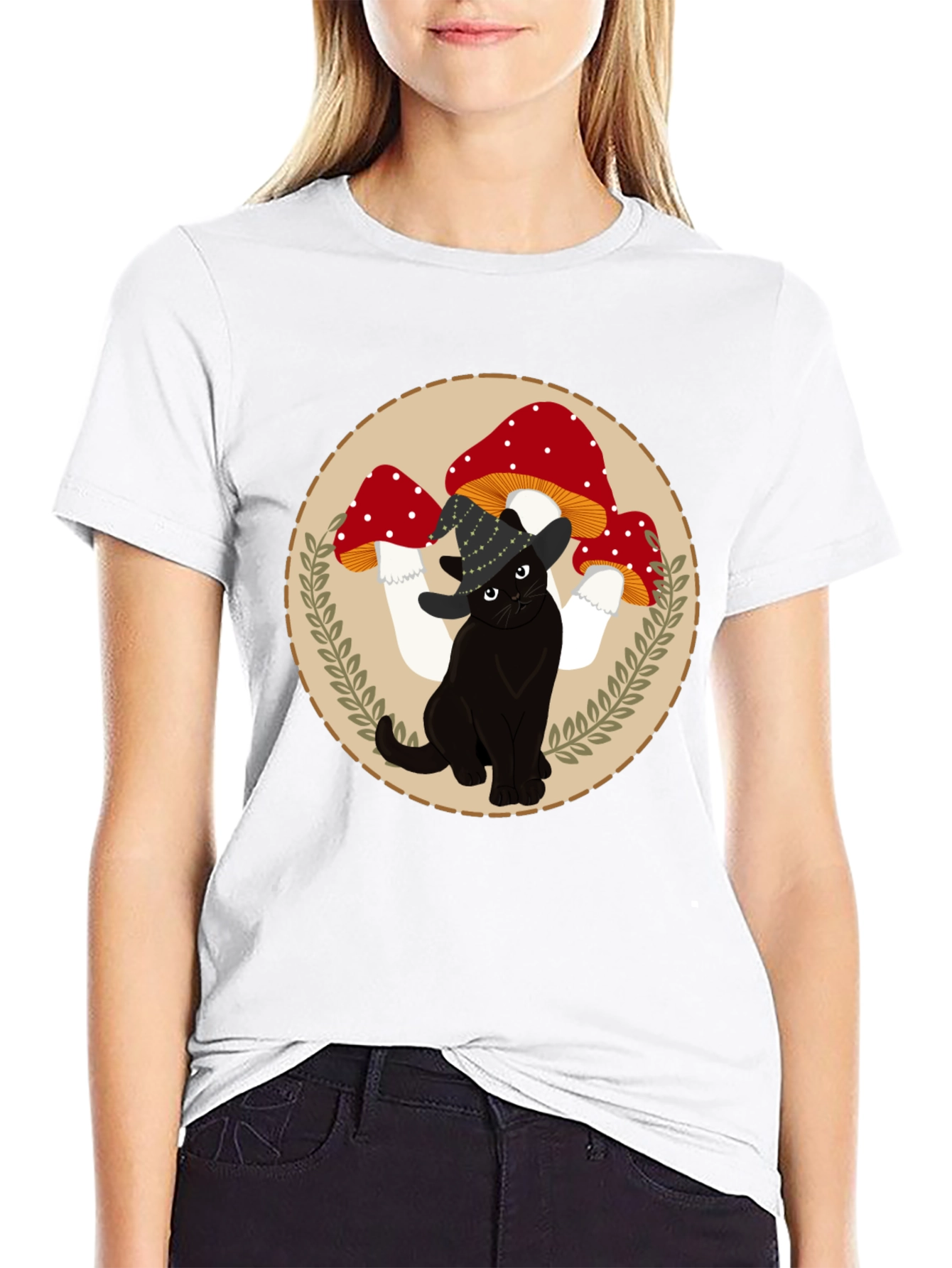 Black Cat & Mushroom T-Shirt - Whimsical Graphic Tee