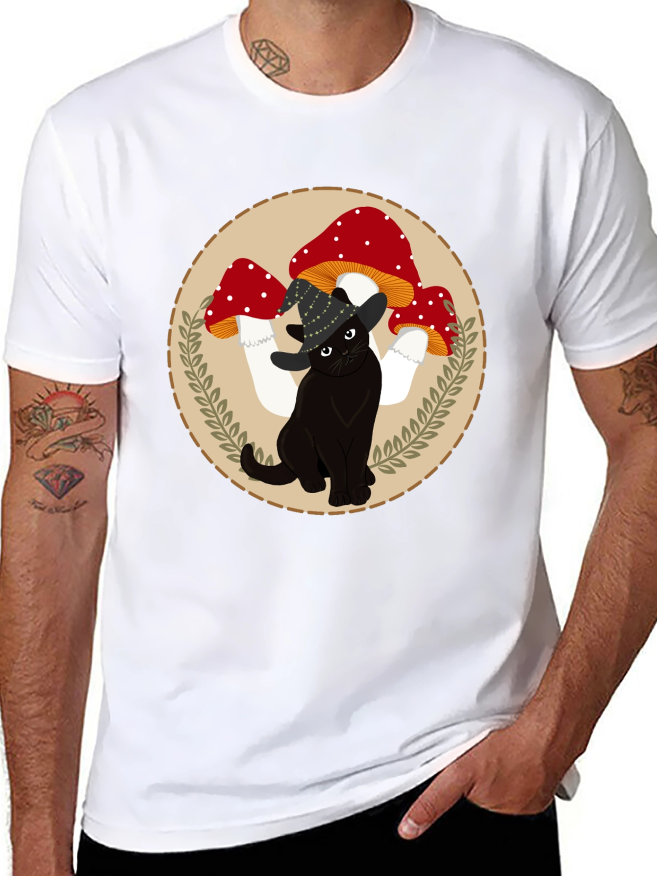 Black Cat & Mushroom T-Shirt - Whimsical Graphic Tee