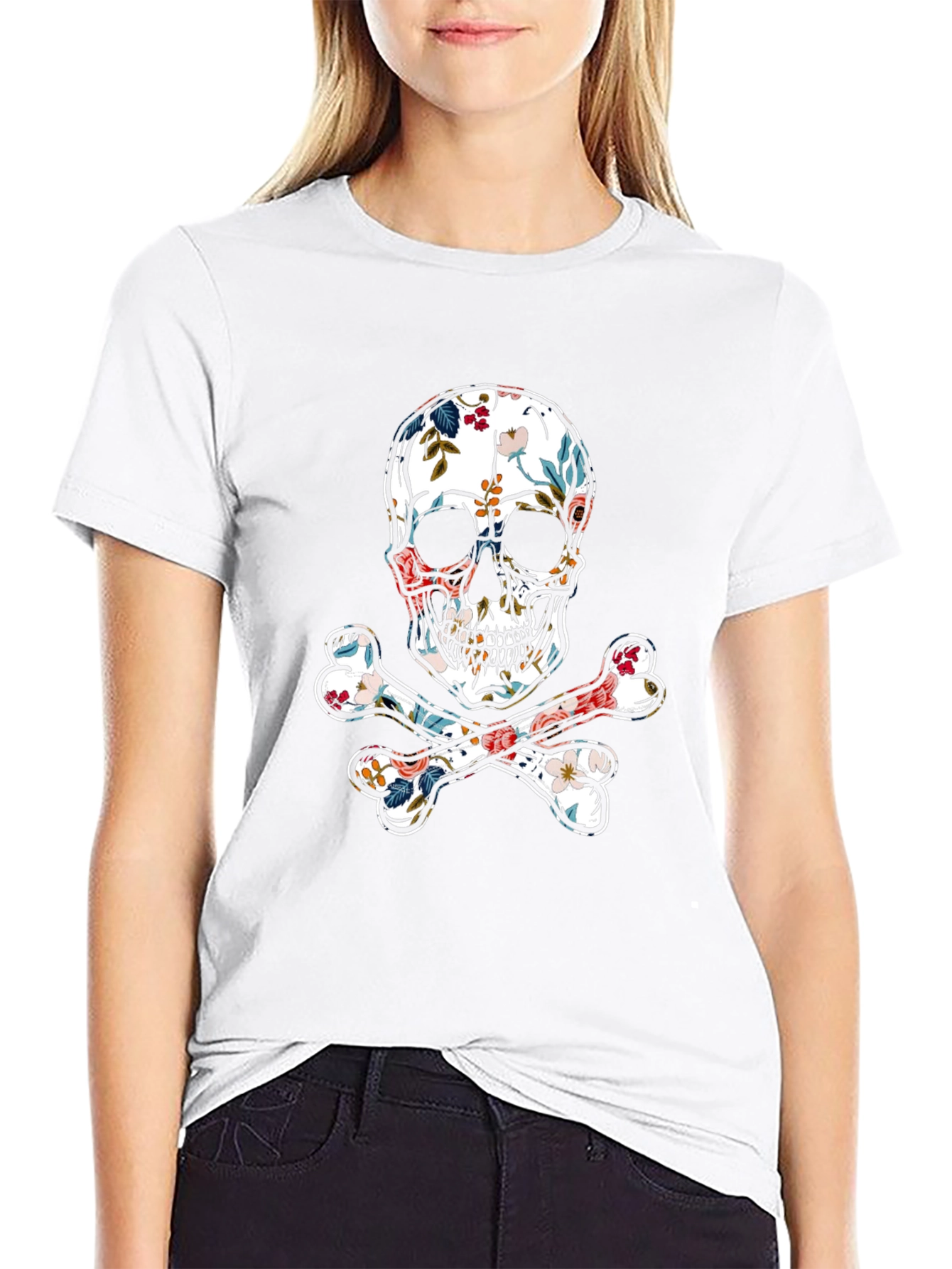 Floral Skull & Crossbones Graphic Tee - Black
