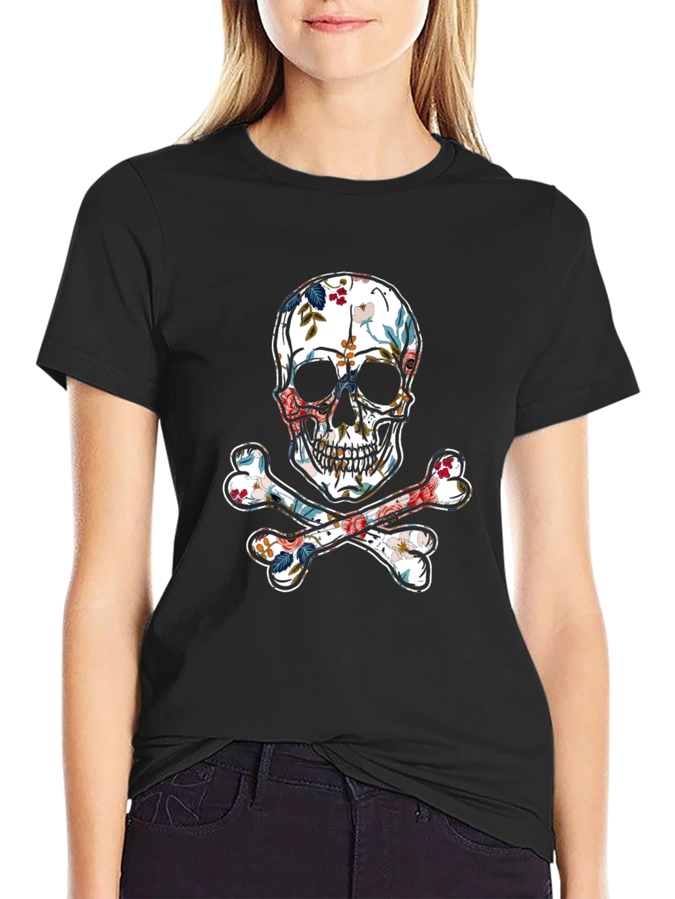 Floral Skull & Crossbones Graphic Tee - Black