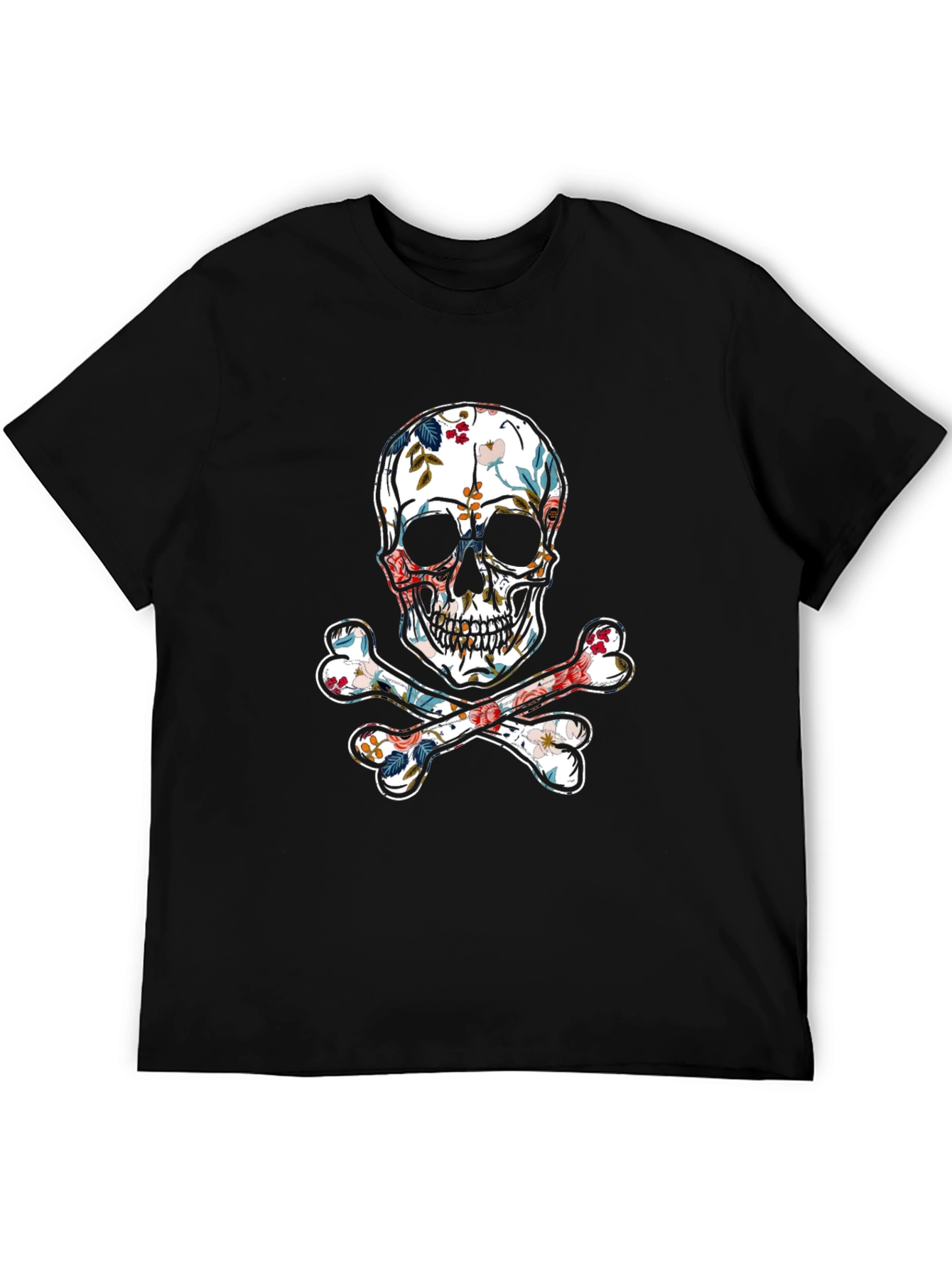 Floral Skull & Crossbones Graphic Tee - Black