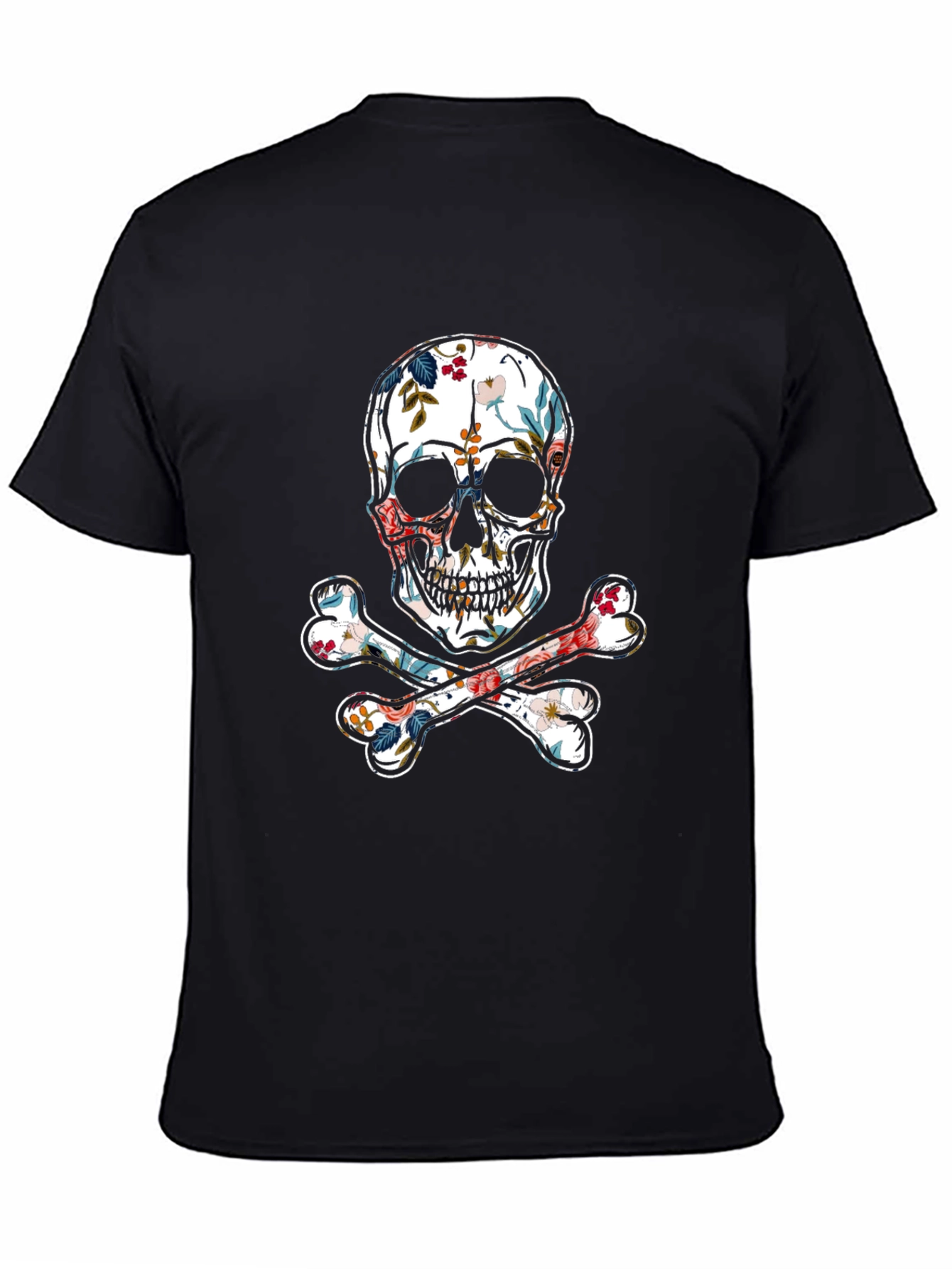 Floral Skull & Crossbones Graphic Tee - Black