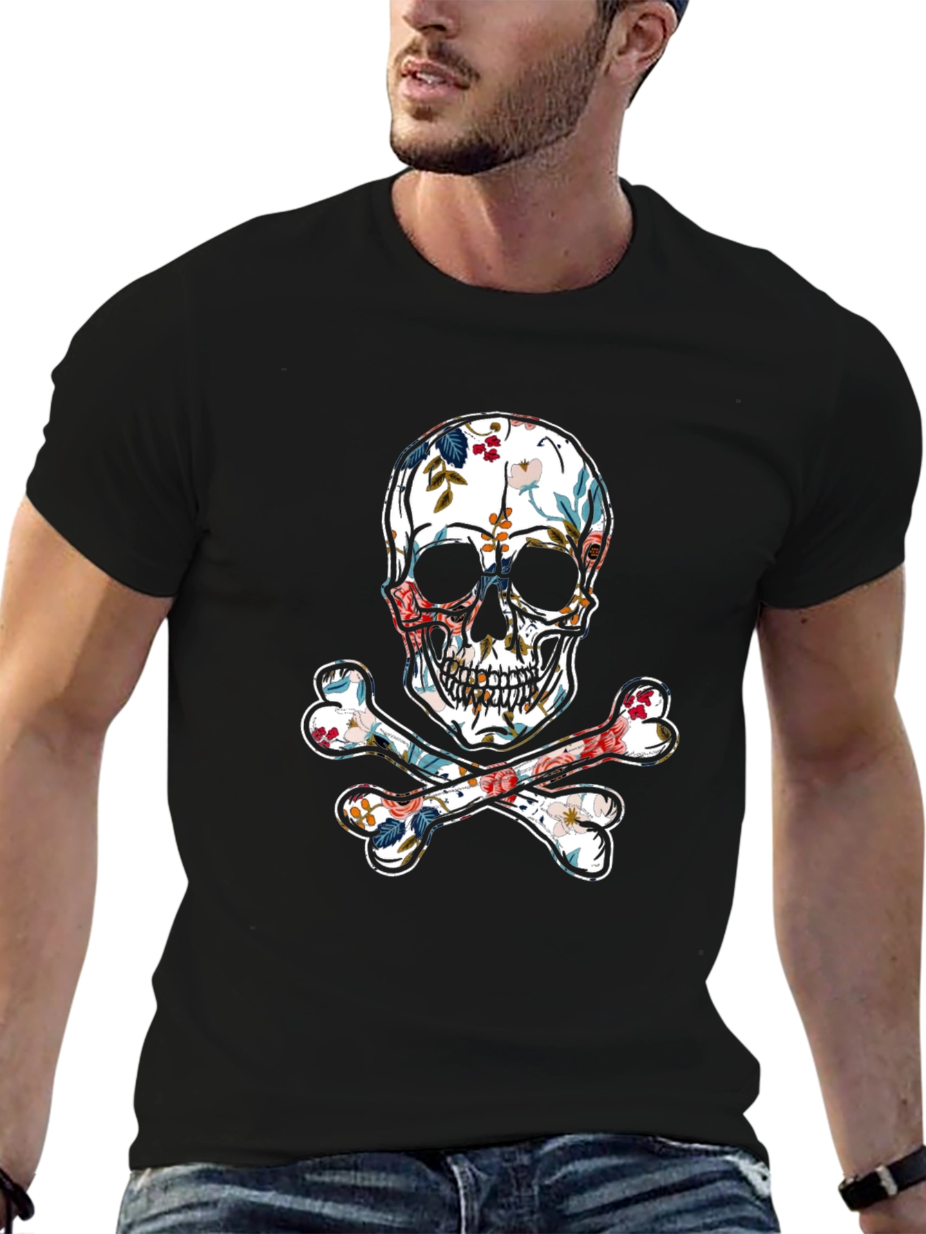 Floral Skull & Crossbones Graphic Tee - Black