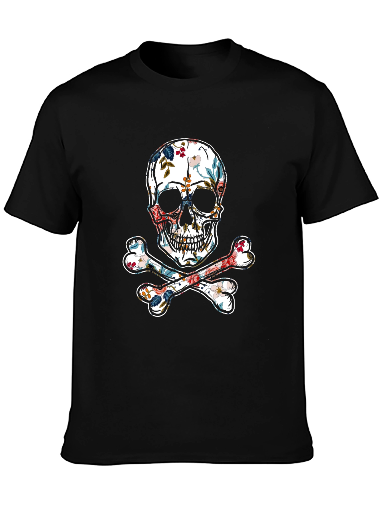 Floral Skull & Crossbones Graphic Tee - Black