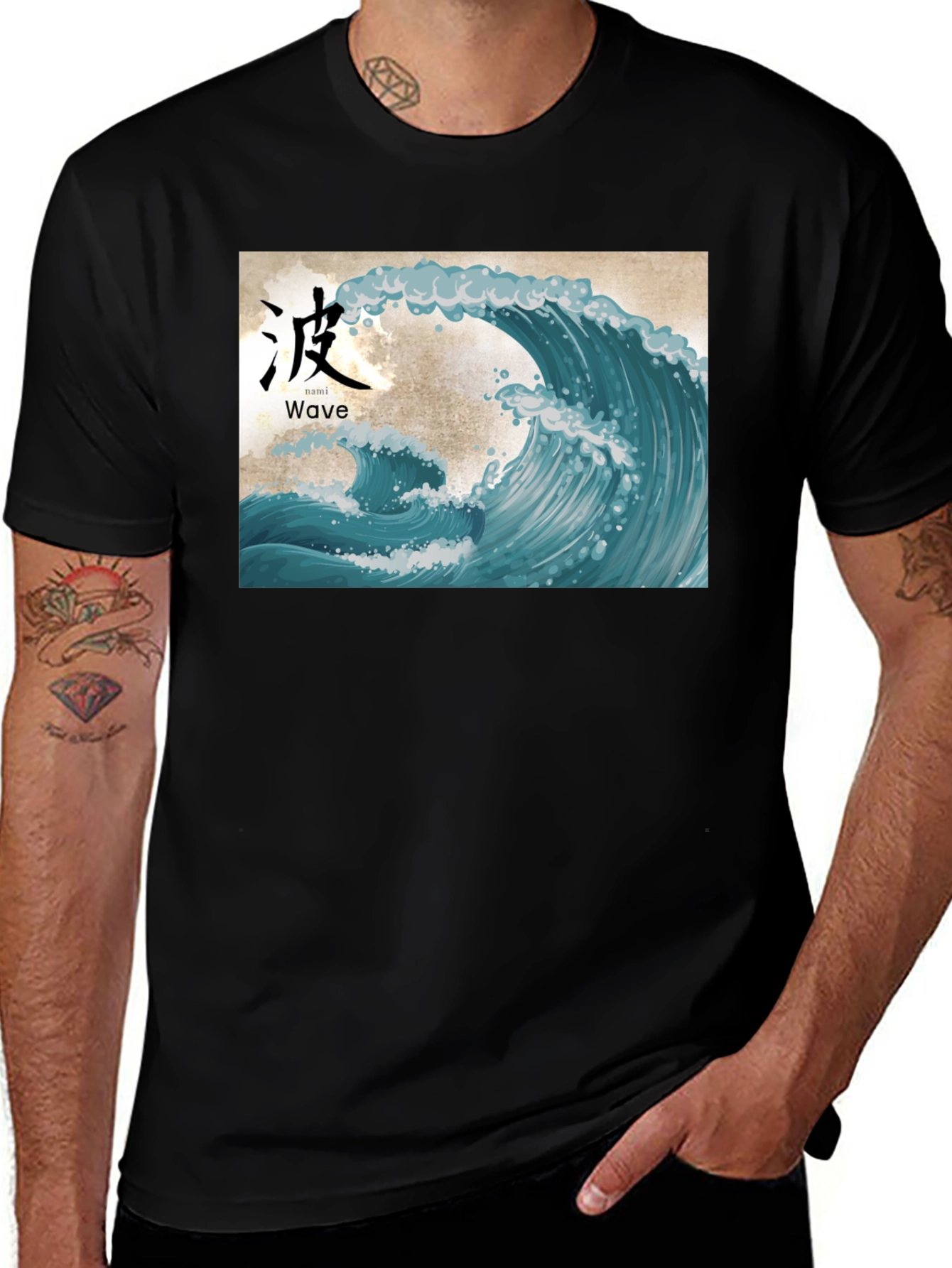 Japanese Wave Art Graphic T-Shirt - Black Cotton Tee